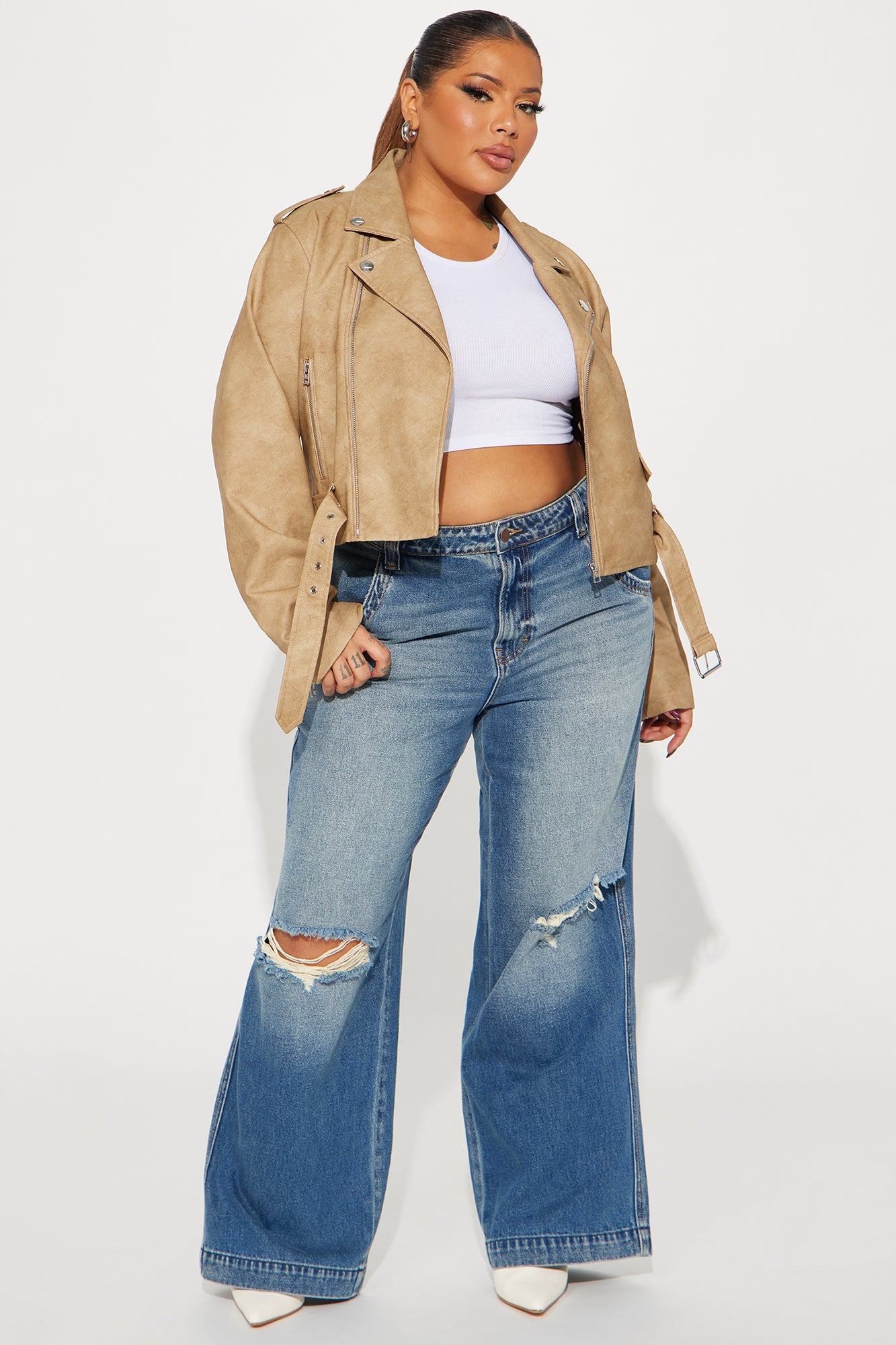 Amala Washed Faux Leather Moto Jacket - Khaki - Image 6