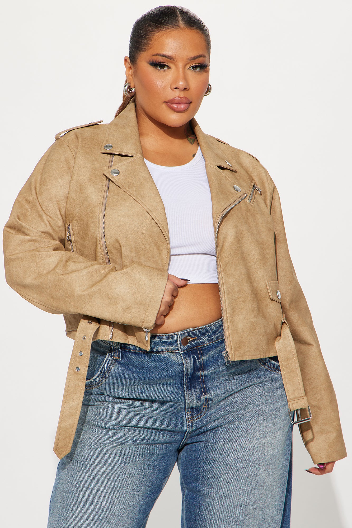 Amala Washed Faux Leather Moto Jacket - Khaki - Image 5