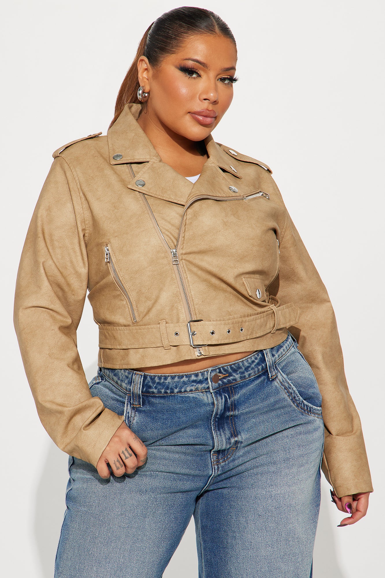 Amala Washed Faux Leather Moto Jacket - Khaki - Image 7