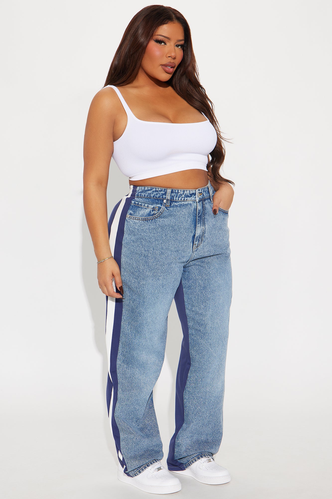 She's That Girl Knit Mixed Wide Leg Jeans - Medium Wash - Image 5
