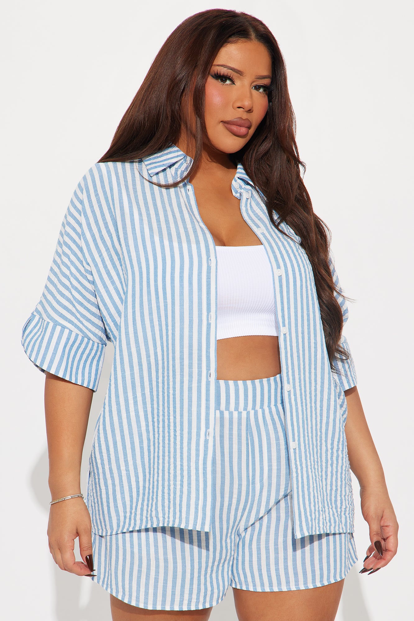 Casual Getaway Linen Short Set - Blue/combo - Image 4