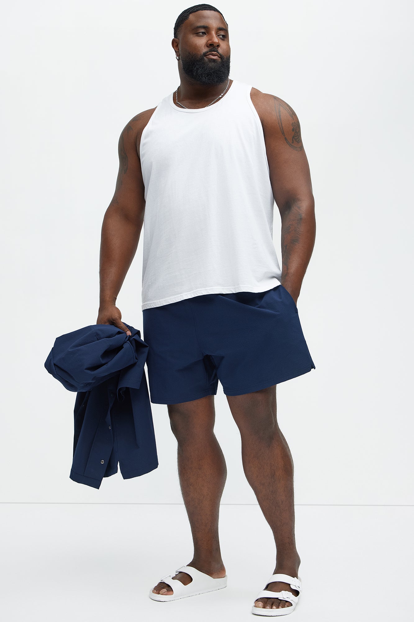 Seersucker Swim Mid Trunk - Navy - Image 6