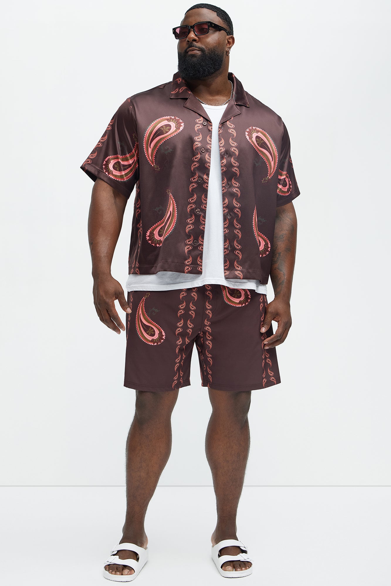 Palm Paisley Print Cuban Collar Shirt - Burgundy - Image 6