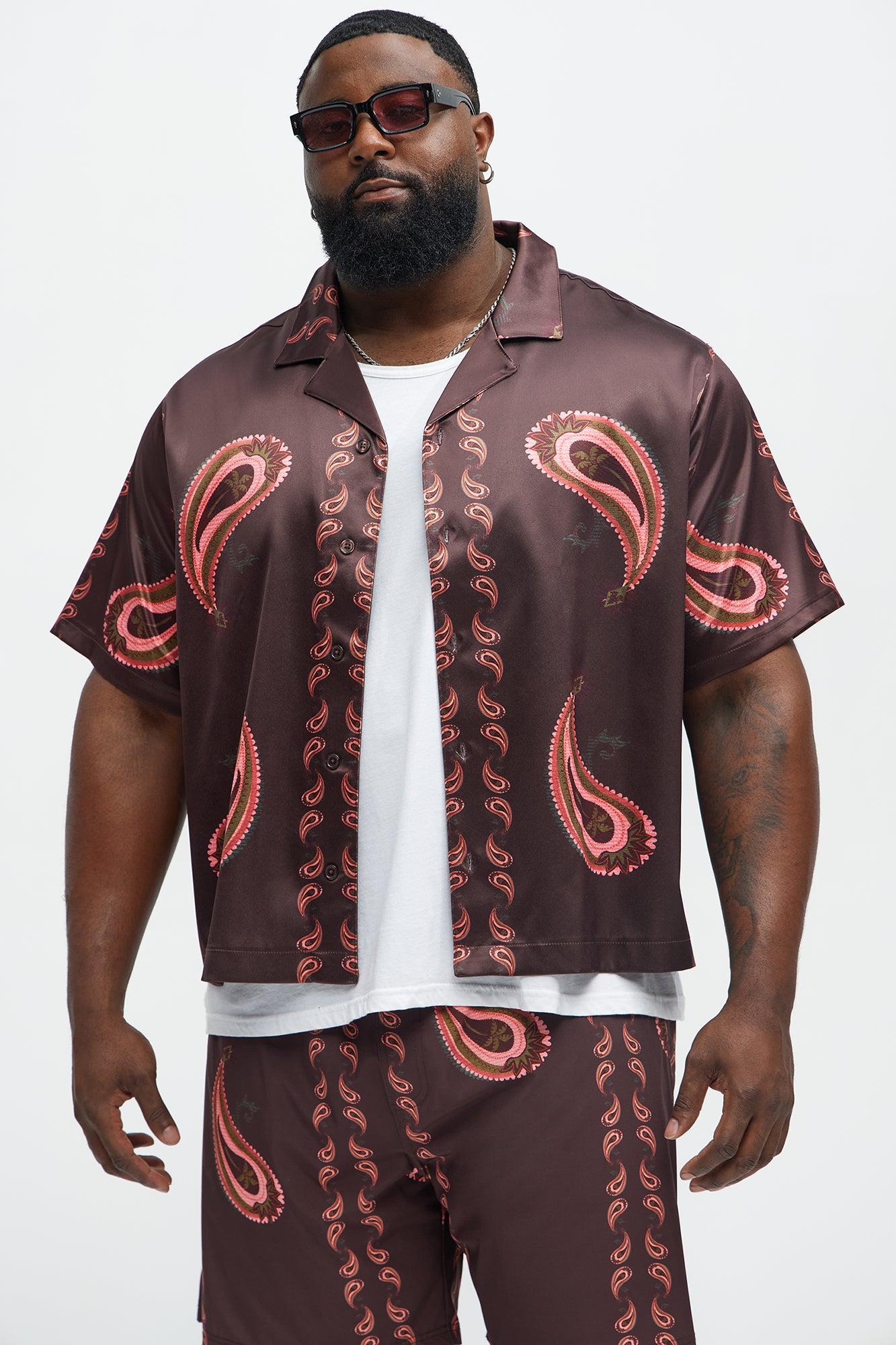 Palm Paisley Print Cuban Collar Shirt - Burgundy - Image 5