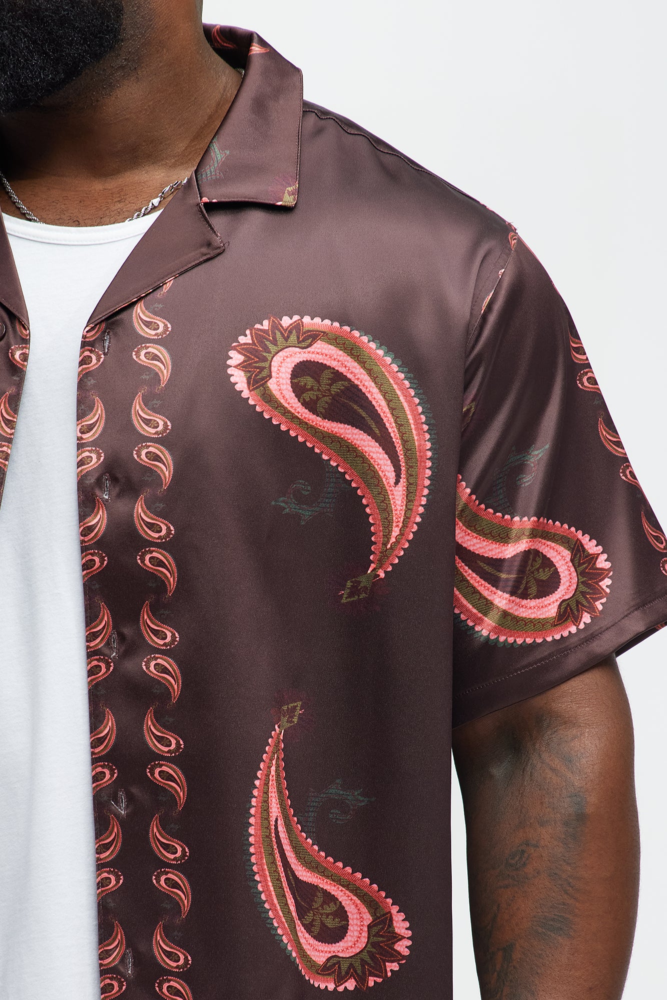 Palm Paisley Print Cuban Collar Shirt - Burgundy - Image 7