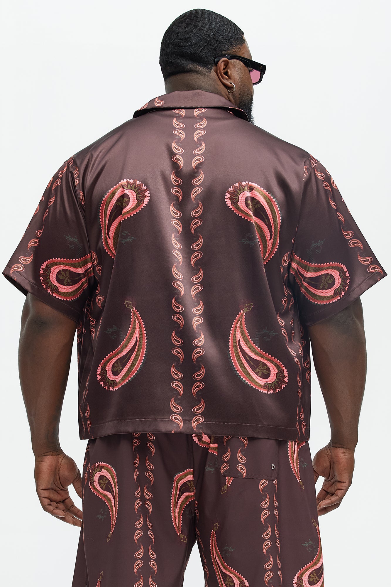 Palm Paisley Print Cuban Collar Shirt - Burgundy - Image 8