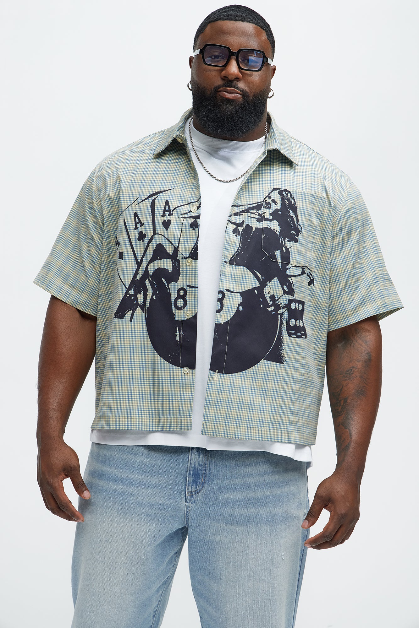 Cropped Pin Up Graphic Button Up Shirt - Green/combo - Image 6