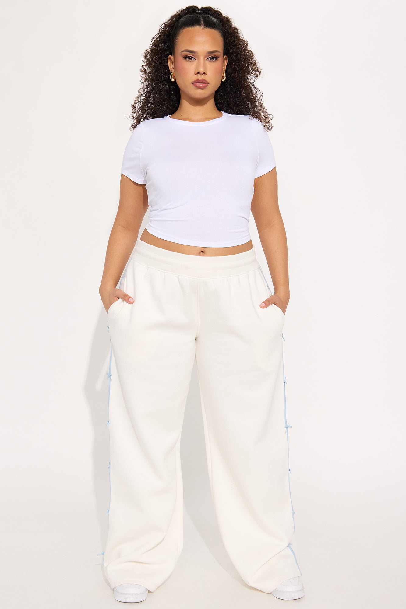 Sara Wide Leg Striped Fleece Pant - White - Image 5