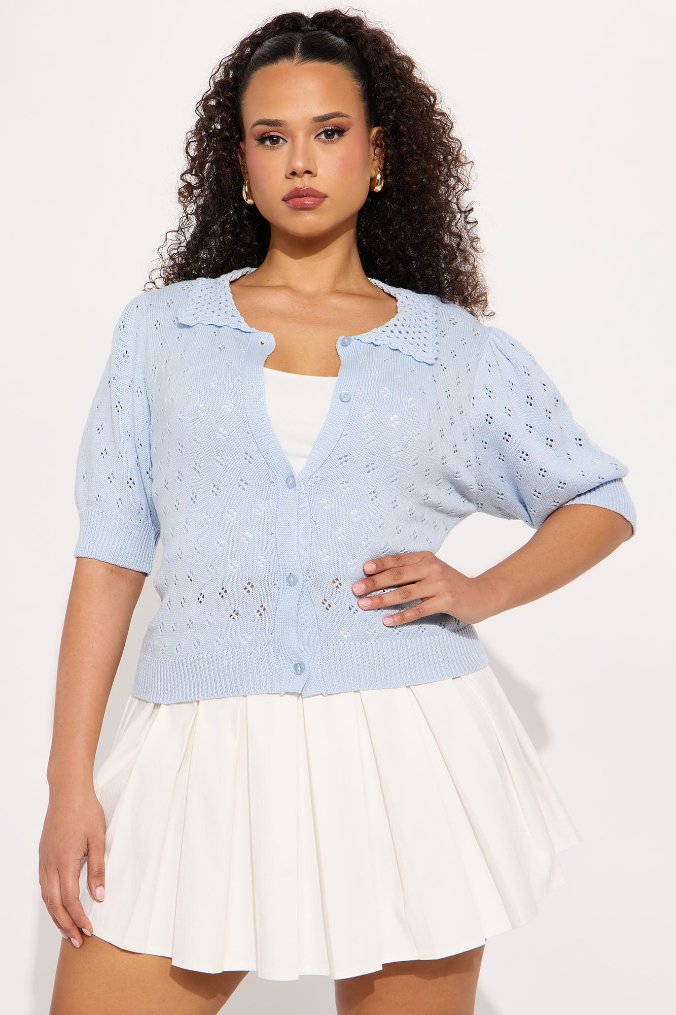 Flirty Pointelle Cardigan Sweater - Light Blue - Image 4