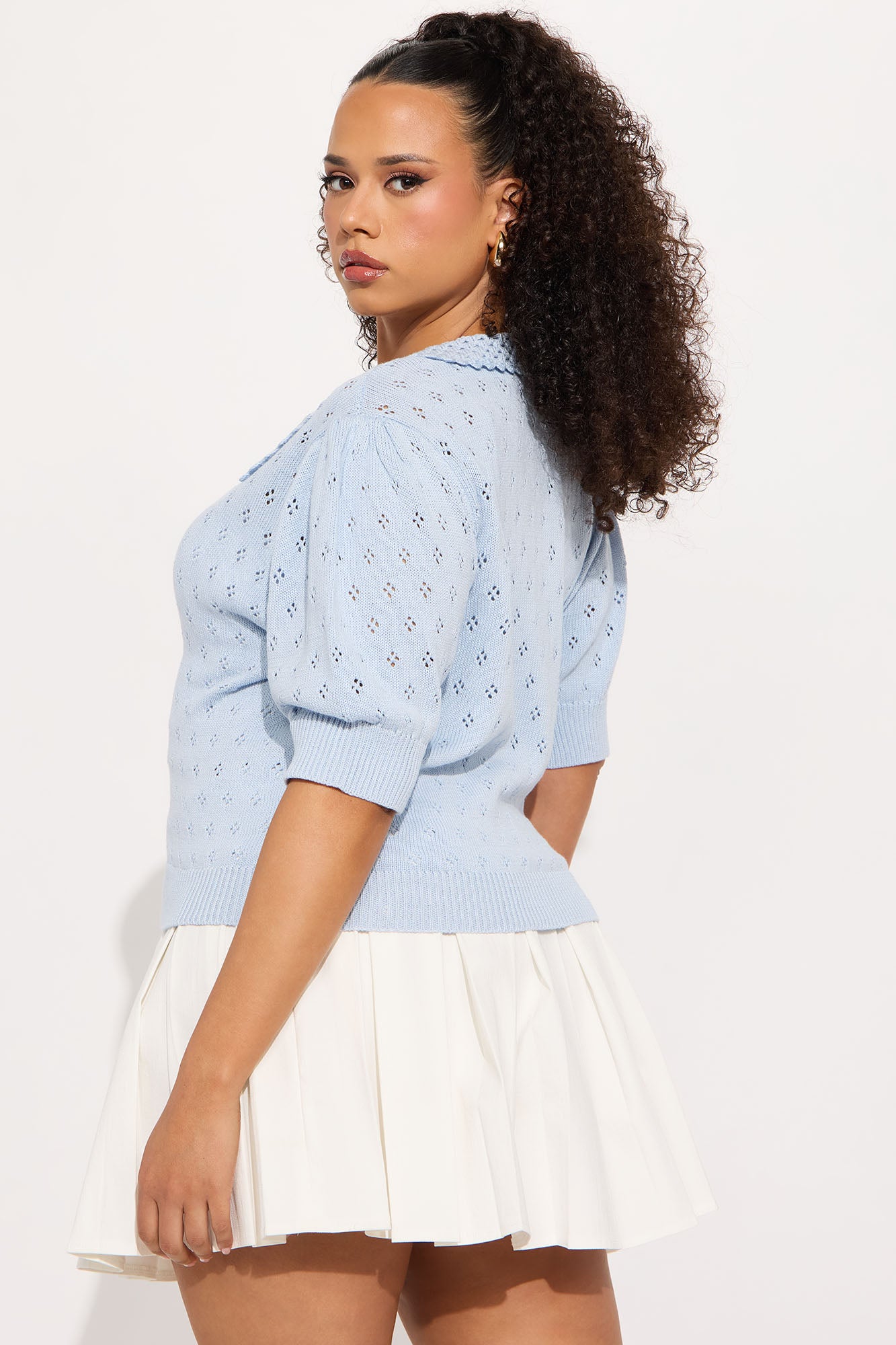 Flirty Pointelle Cardigan Sweater - Light Blue - Image 6