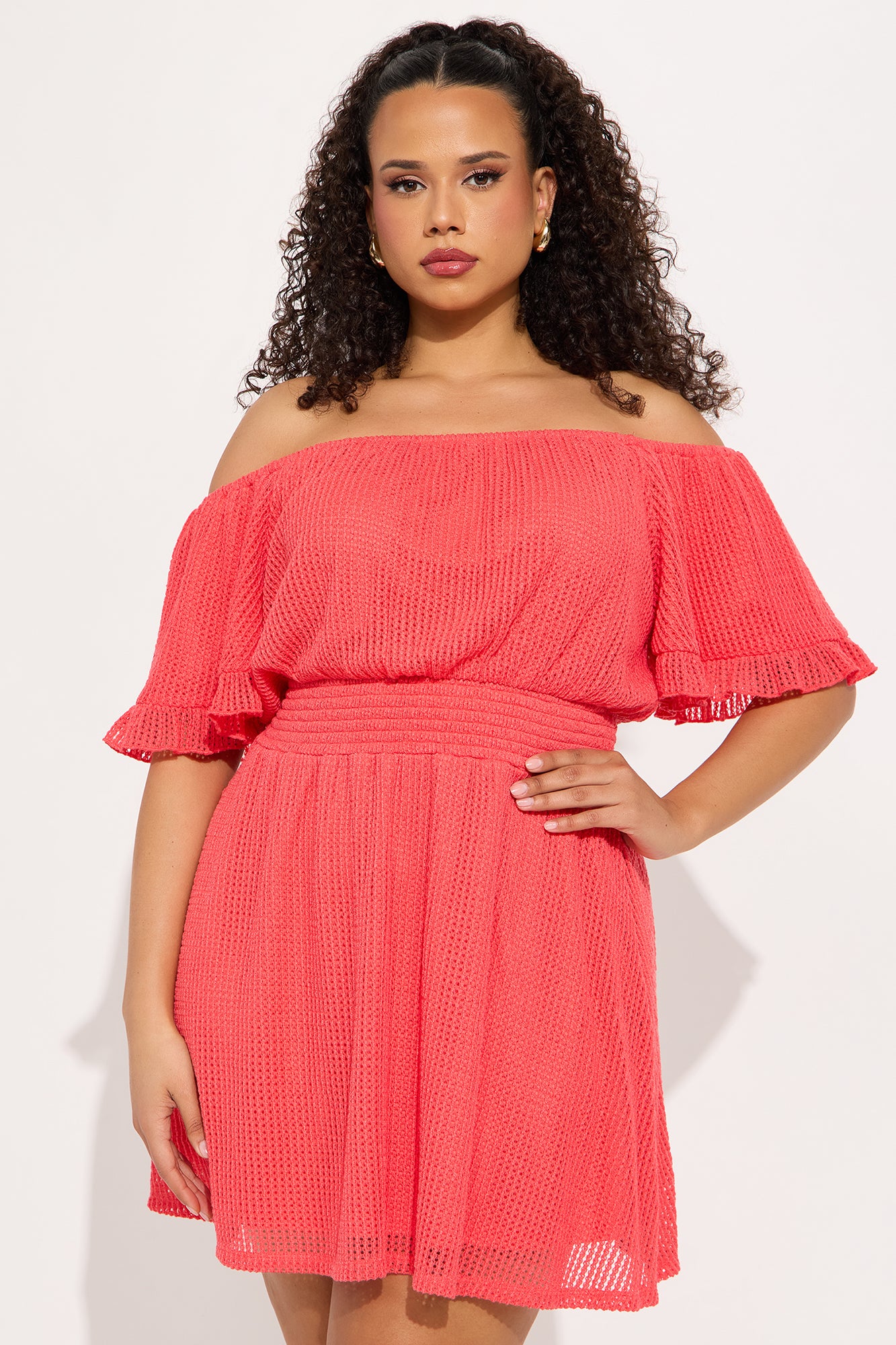 Brenda Off Shoulder Mini Dress - Coral - Image 4