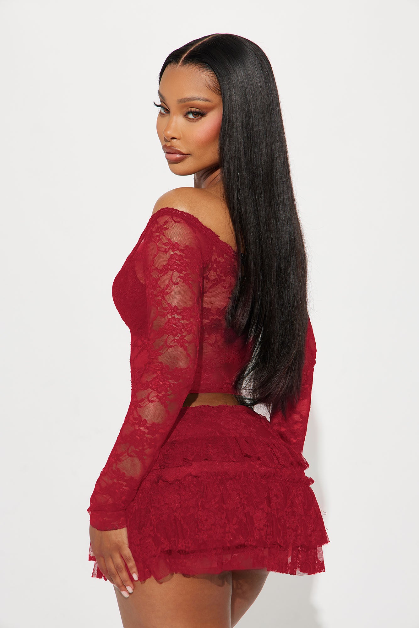 Adryana Ruffled Lace Skirt Set - Red - Image 3