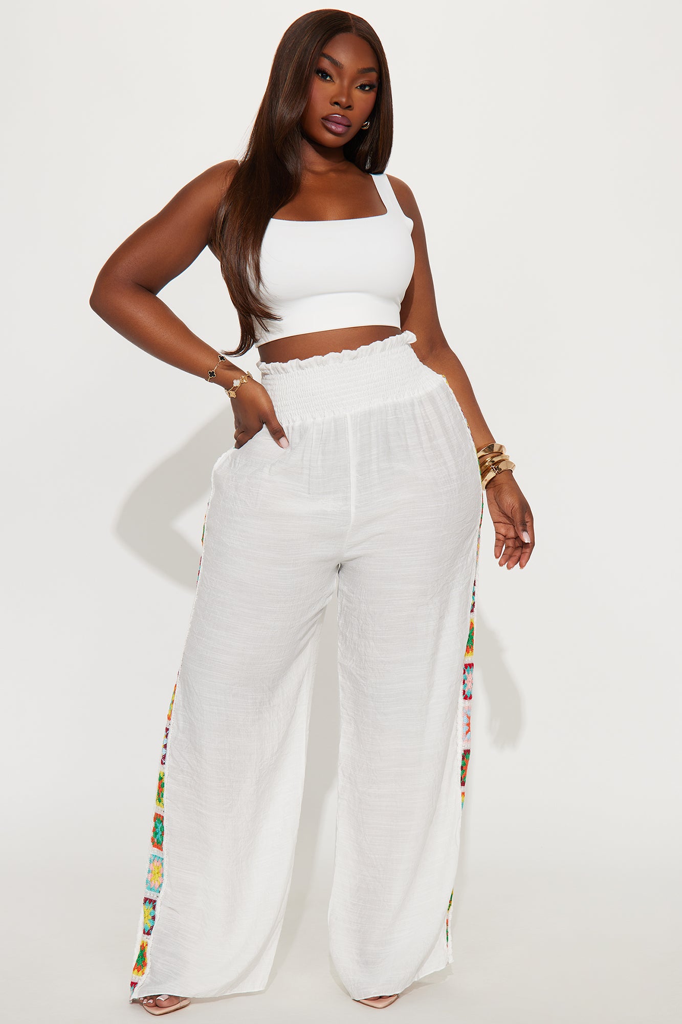 European Summers Linen Smocked Waistband Crochet Granny Square Cover Up Pants - White - Image 5