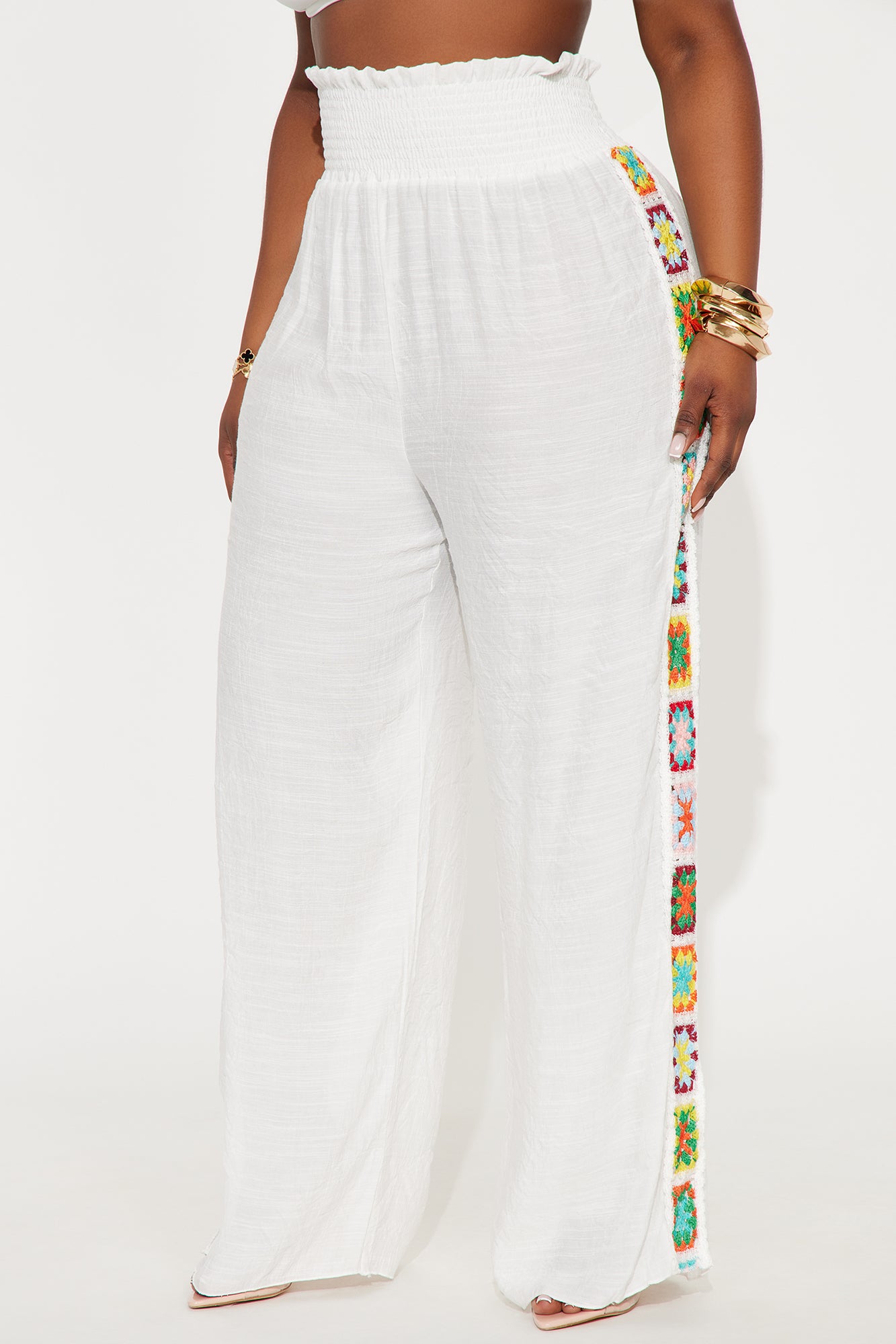 European Summers Linen Smocked Waistband Crochet Granny Square Cover Up Pants - White - Image 6