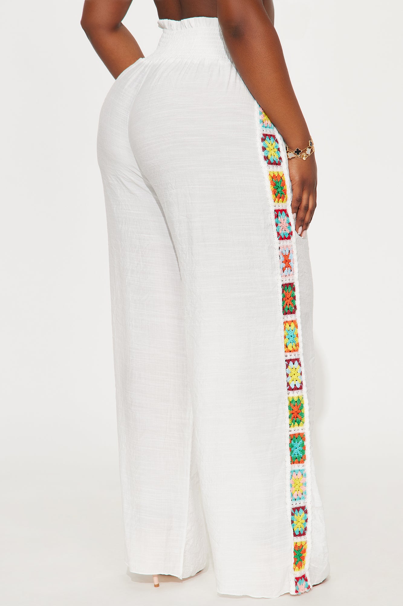 European Summers Linen Smocked Waistband Crochet Granny Square Cover Up Pants - White - Image 7