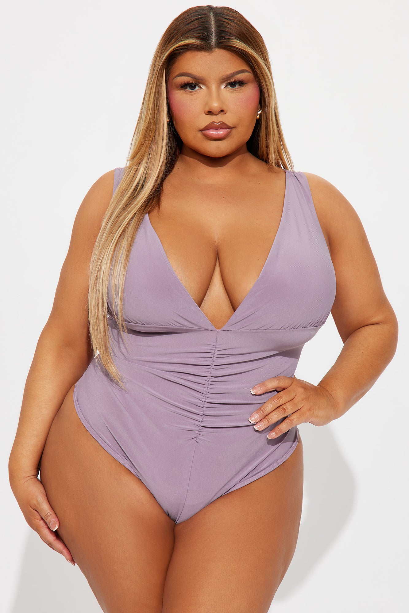 Evalina Off Shoulder V-Neck Ruched Bodysuit - Plum - Image 5