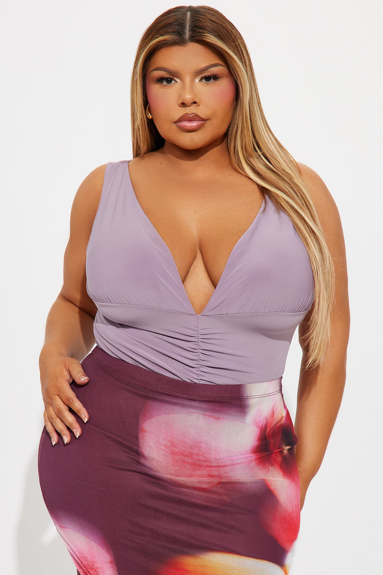 Evalina Off Shoulder V-Neck Ruched Bodysuit - Plum - Image 7