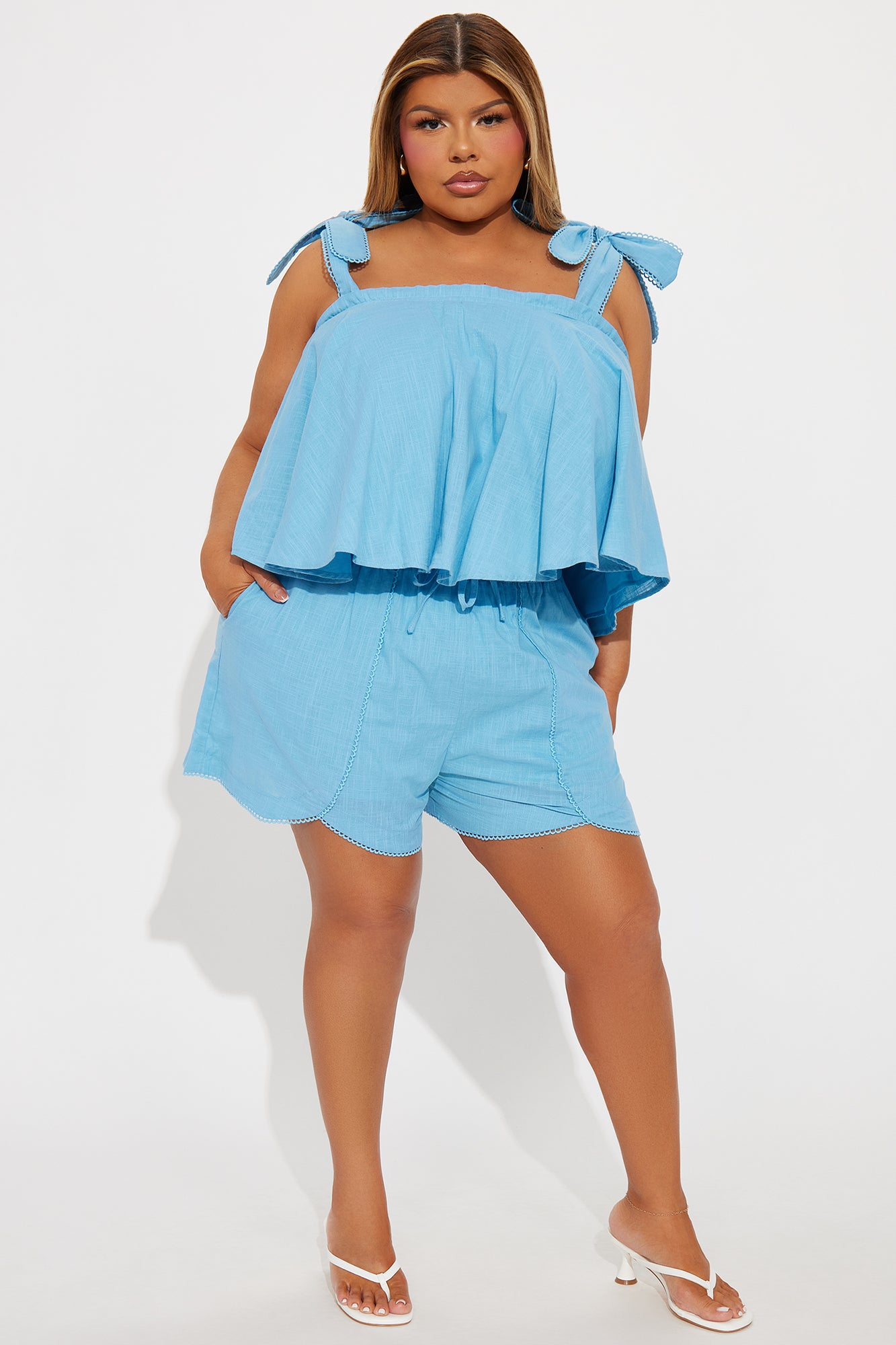 Sweet As Can Be Linen Short Set - Blue - Image 5