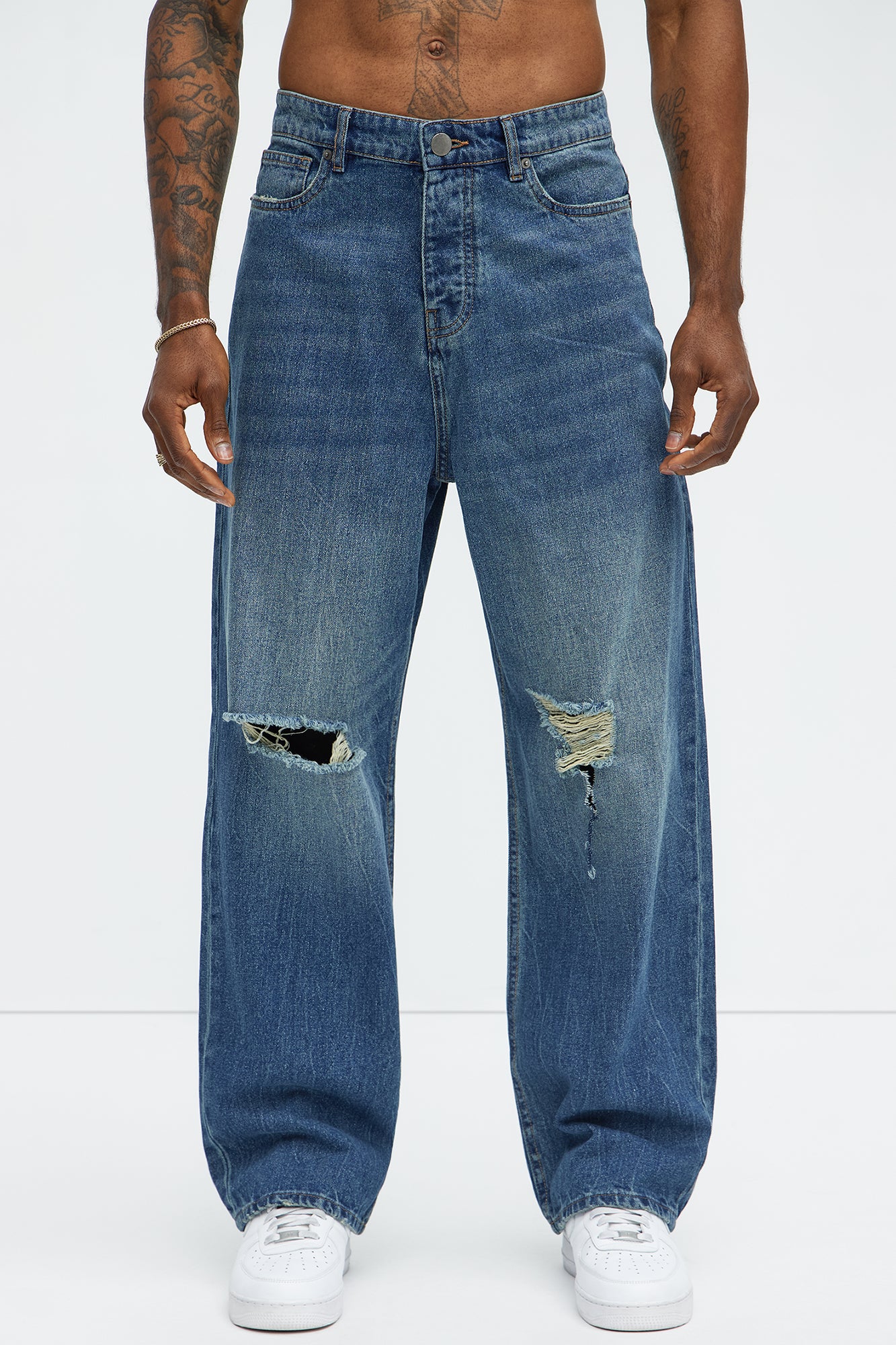 Luke Distressed Baggy Jeans - Medium Blue Wash - Image 3