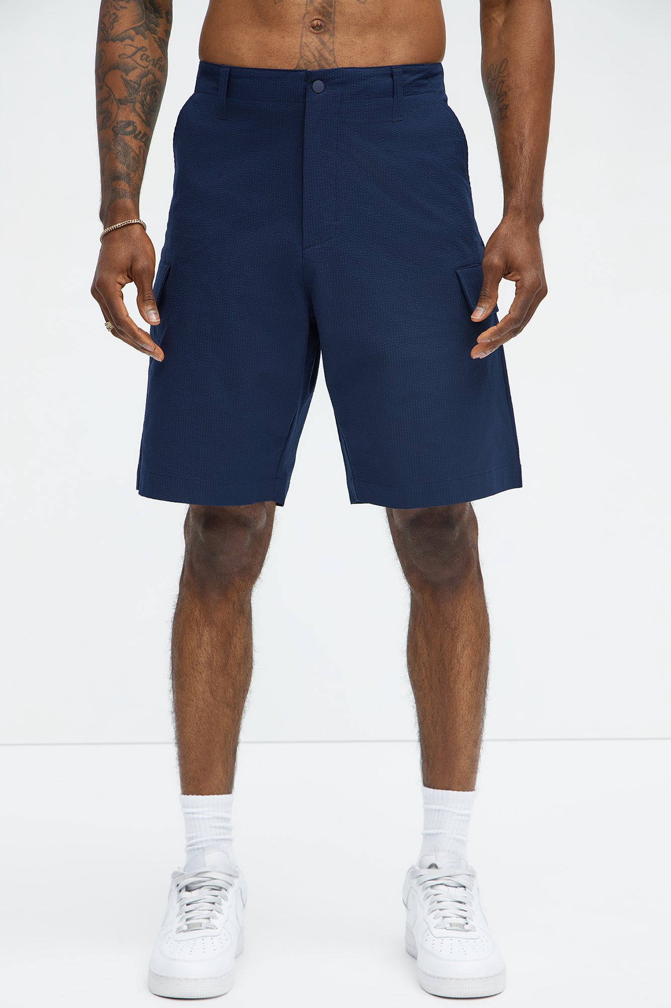 Seersucker Cargo Shorts - Navy - Image 3