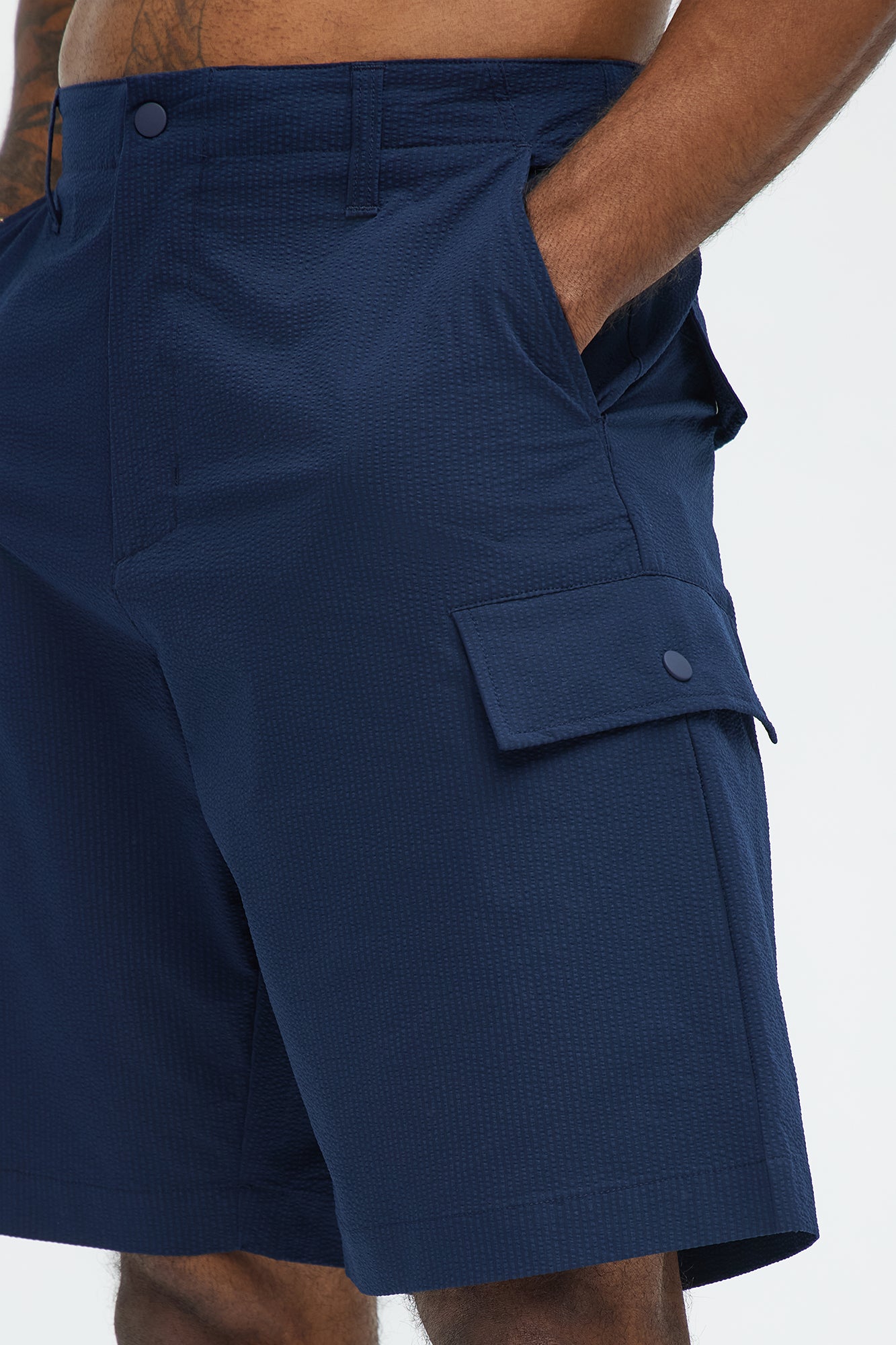 Seersucker Cargo Shorts - Navy - Image 4