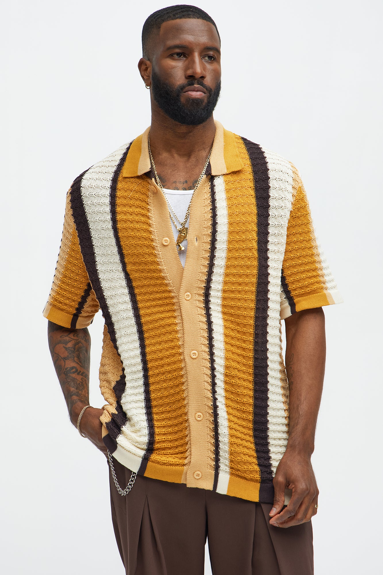 Carson Stripe Short Sleeve Knitted Shirt - Mustard/combo - Image 4