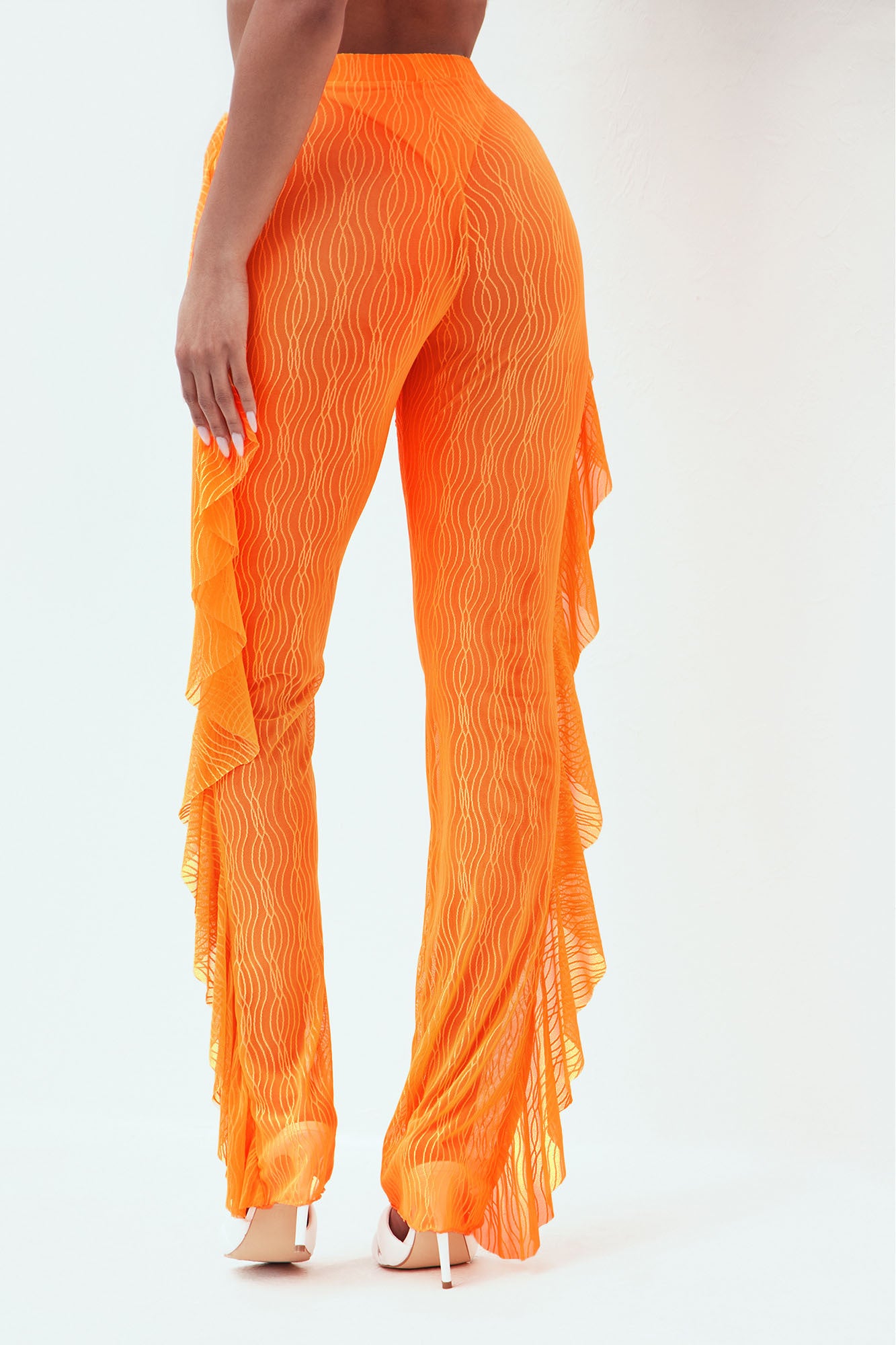 Sunshine See Through Ruffle Textured Mesh Cover Up Pants - Orange - Image 3