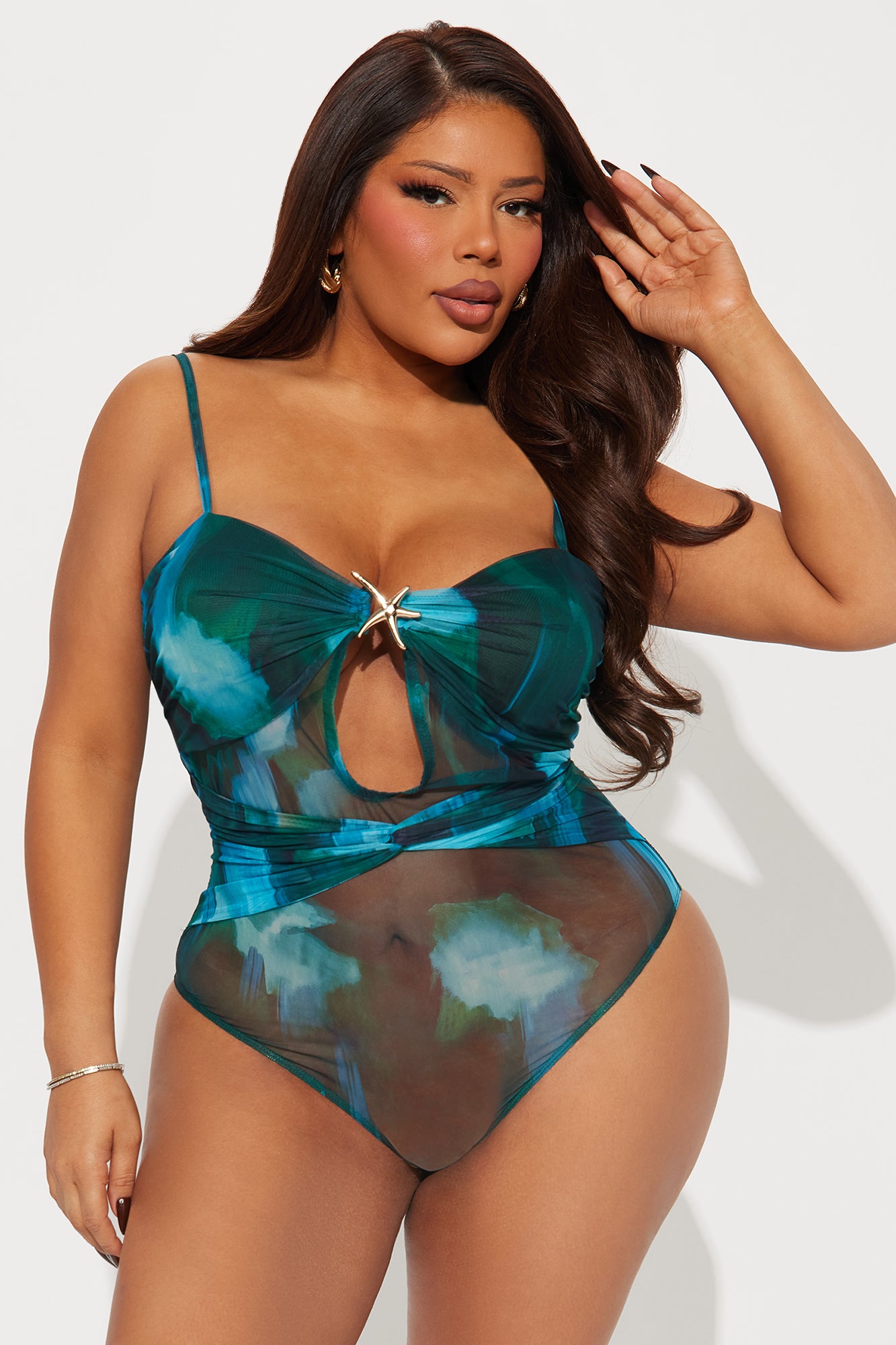 Ocean Floor Ruched Mesh Cut Out Bodysuit - Blue/combo - Image 5