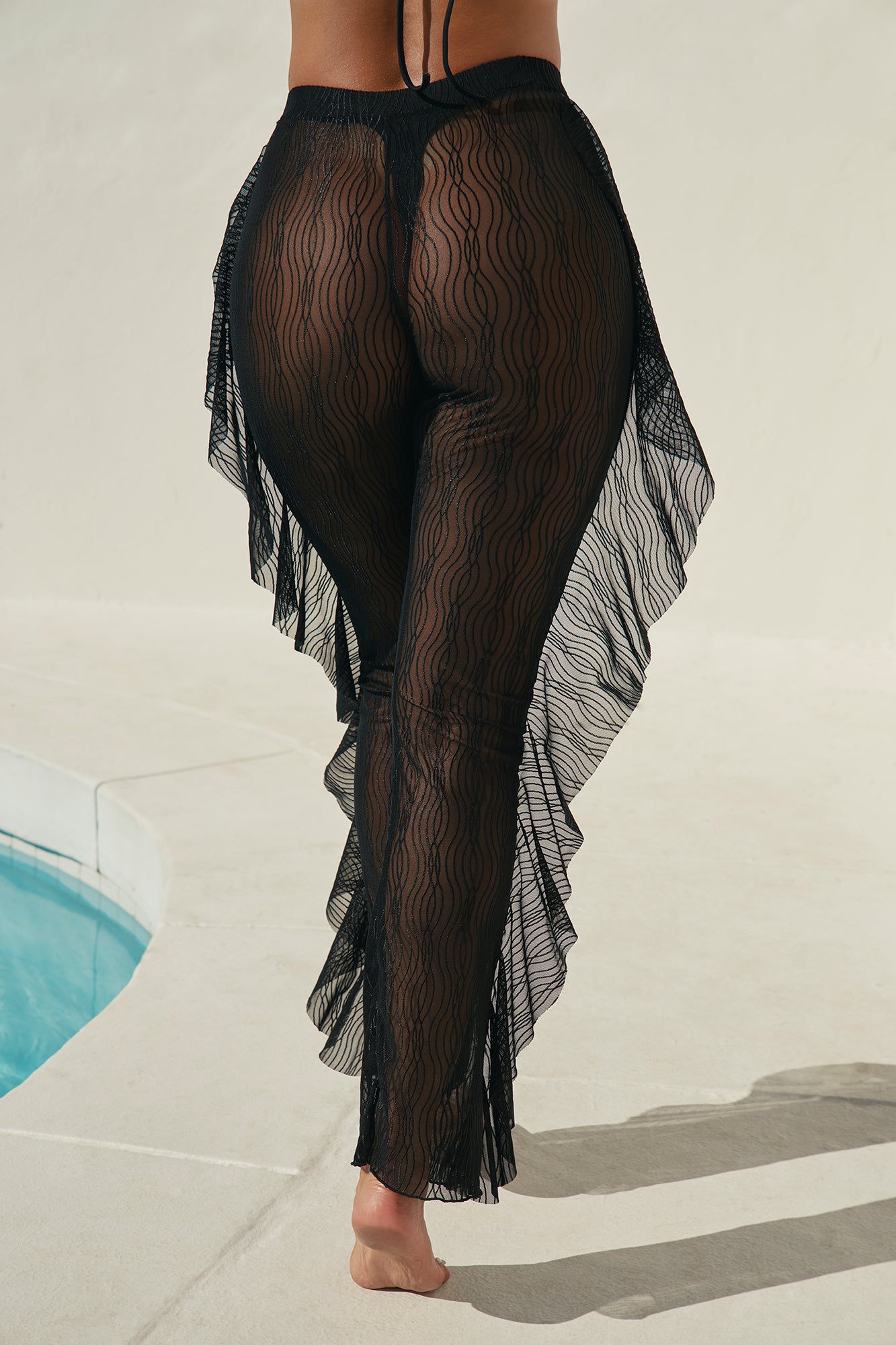 Sunshine See Through Ruffle Textured Mesh Cover Up Pants - Black - Image 3