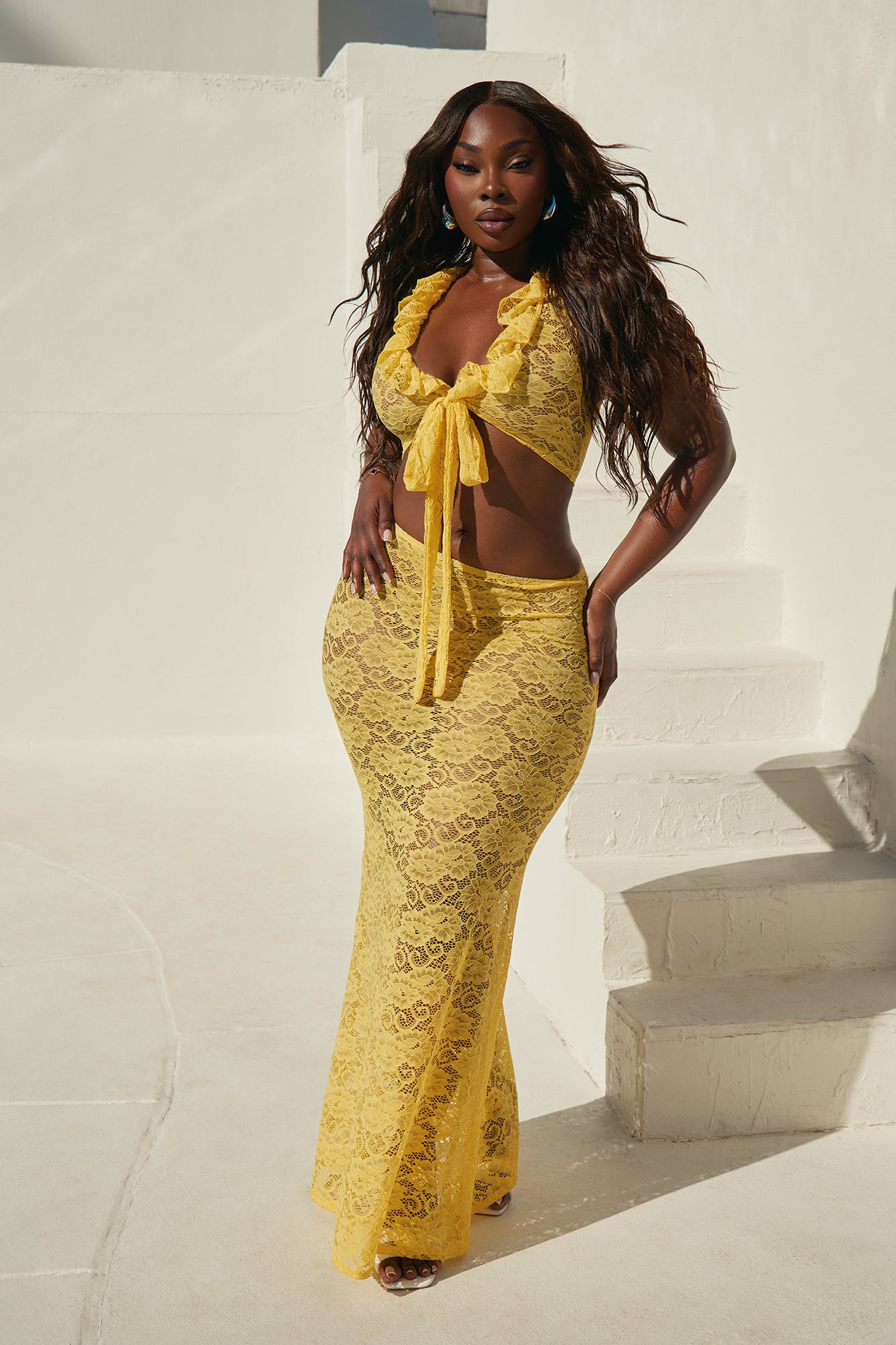 Gisella Ruffle Lace Cover Up Skirt Set - Yellow - Image 6