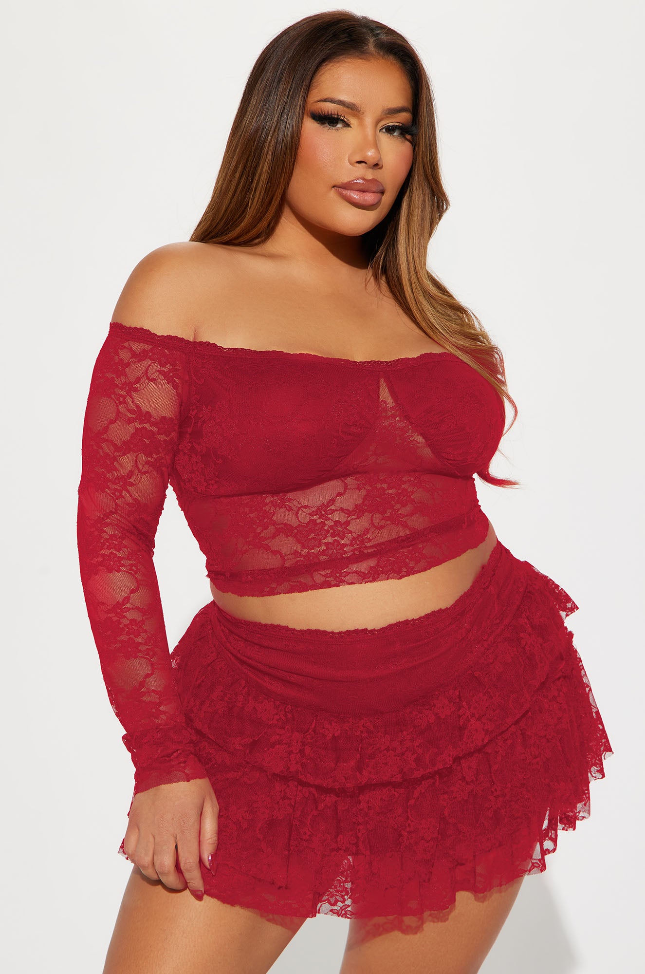 Adryana Ruffled Lace Skirt Set - Red - Image 5