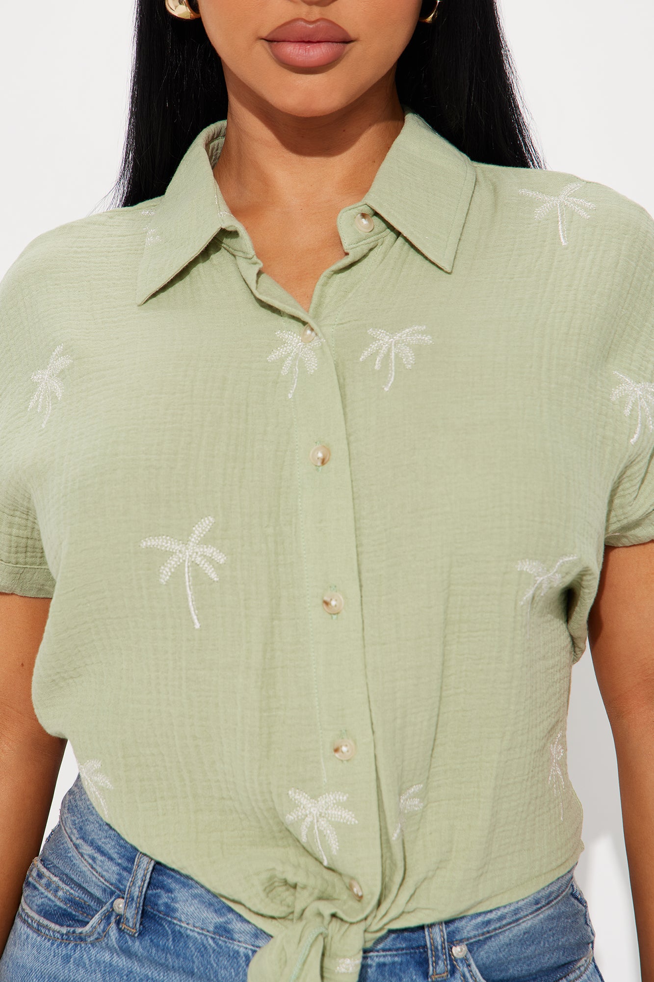 Palm Beach Tie Front Shirt - Sage - Image 3