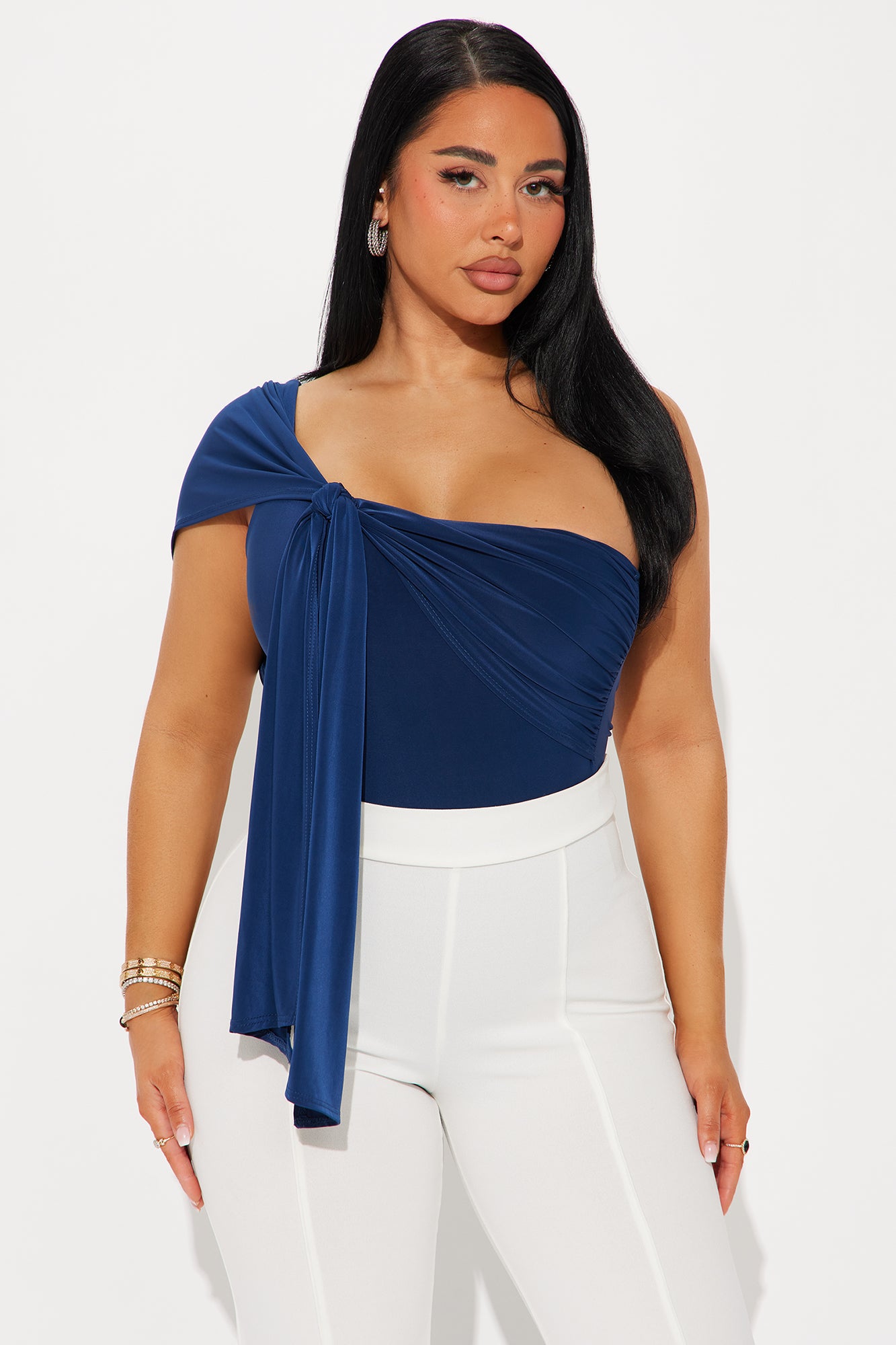 Astoria Draped One Shoulder Bodysuit - Navy - Image 3