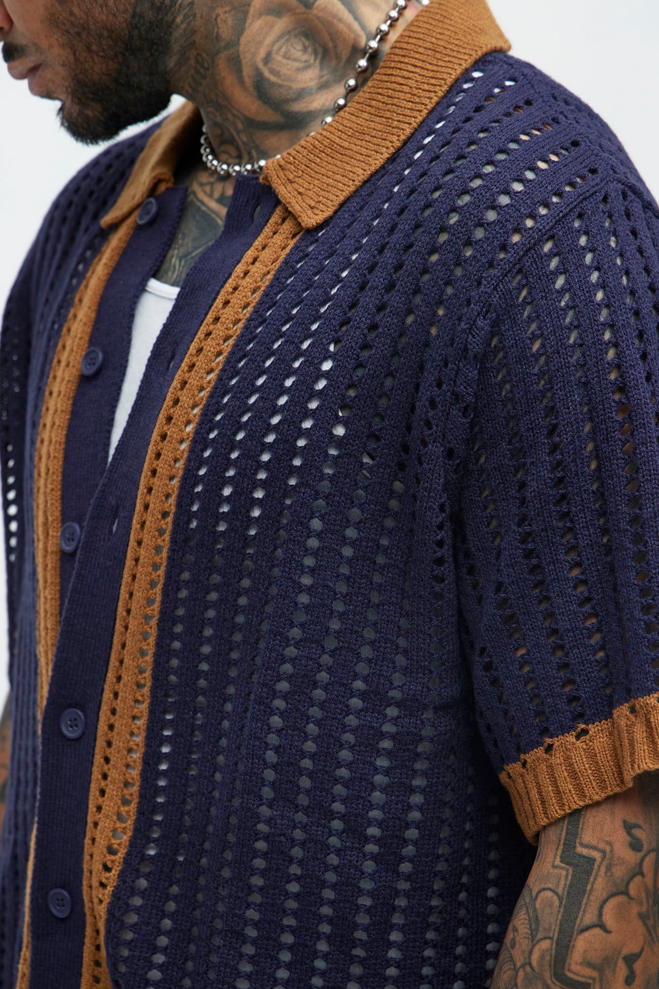 Estrellada Crochet Knit Full Button Shirt - Navy/combo - Image 3
