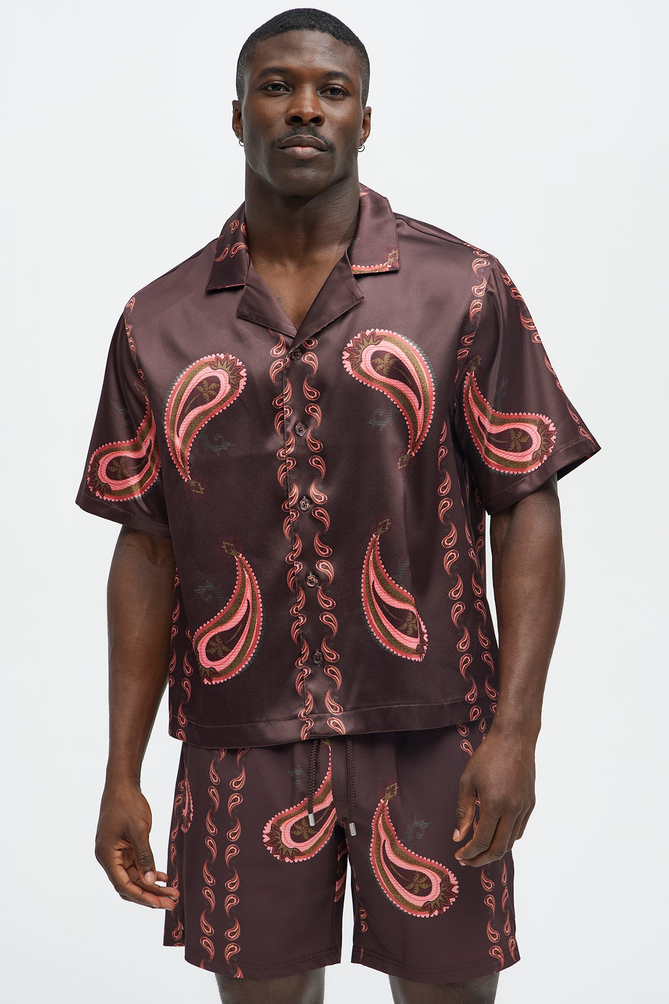 Palm Paisley Print Cuban Collar Shirt - Burgundy - Image 3