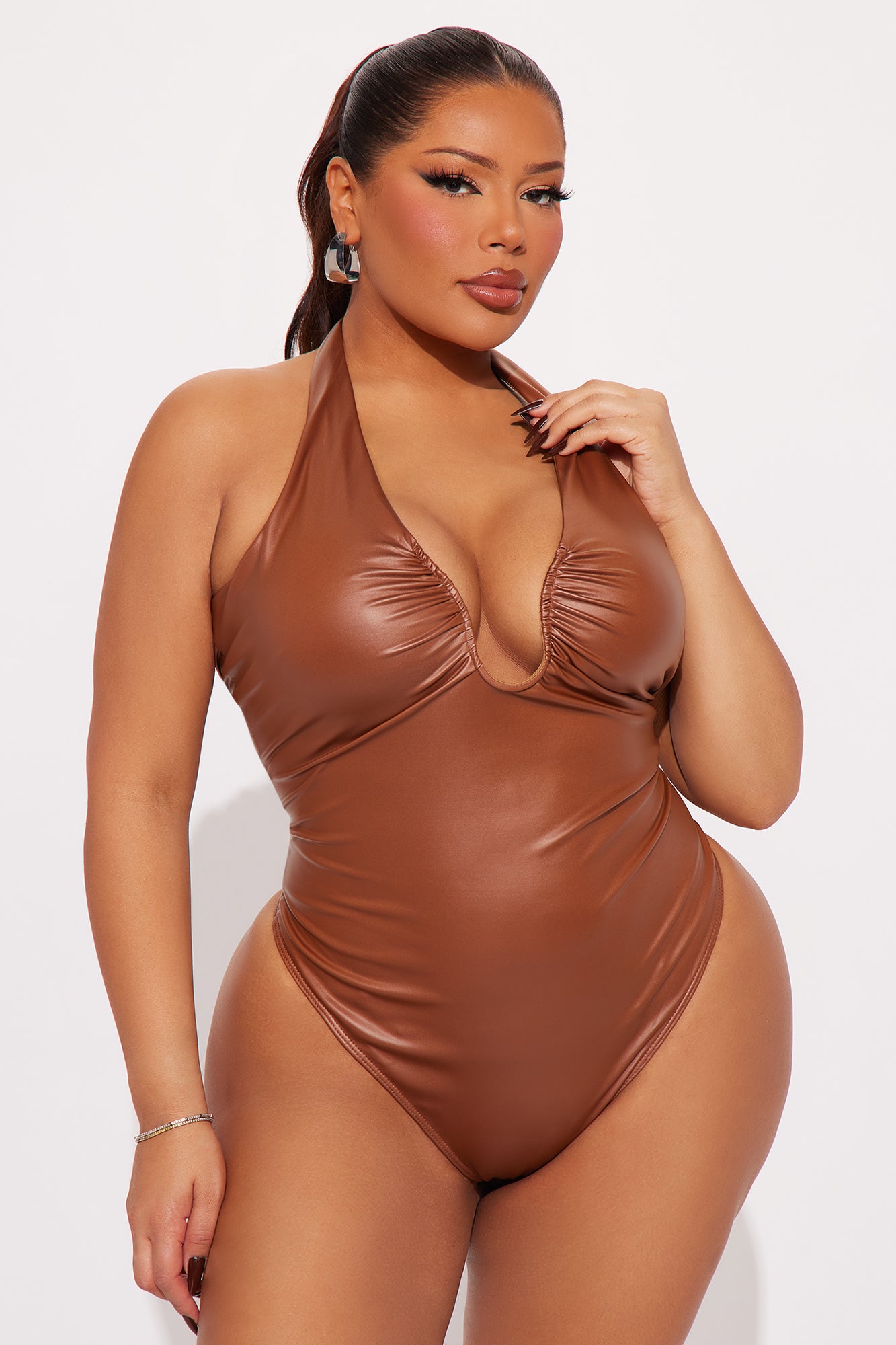 Hit Different Faux Leather Bodysuit - Brown - Image 5
