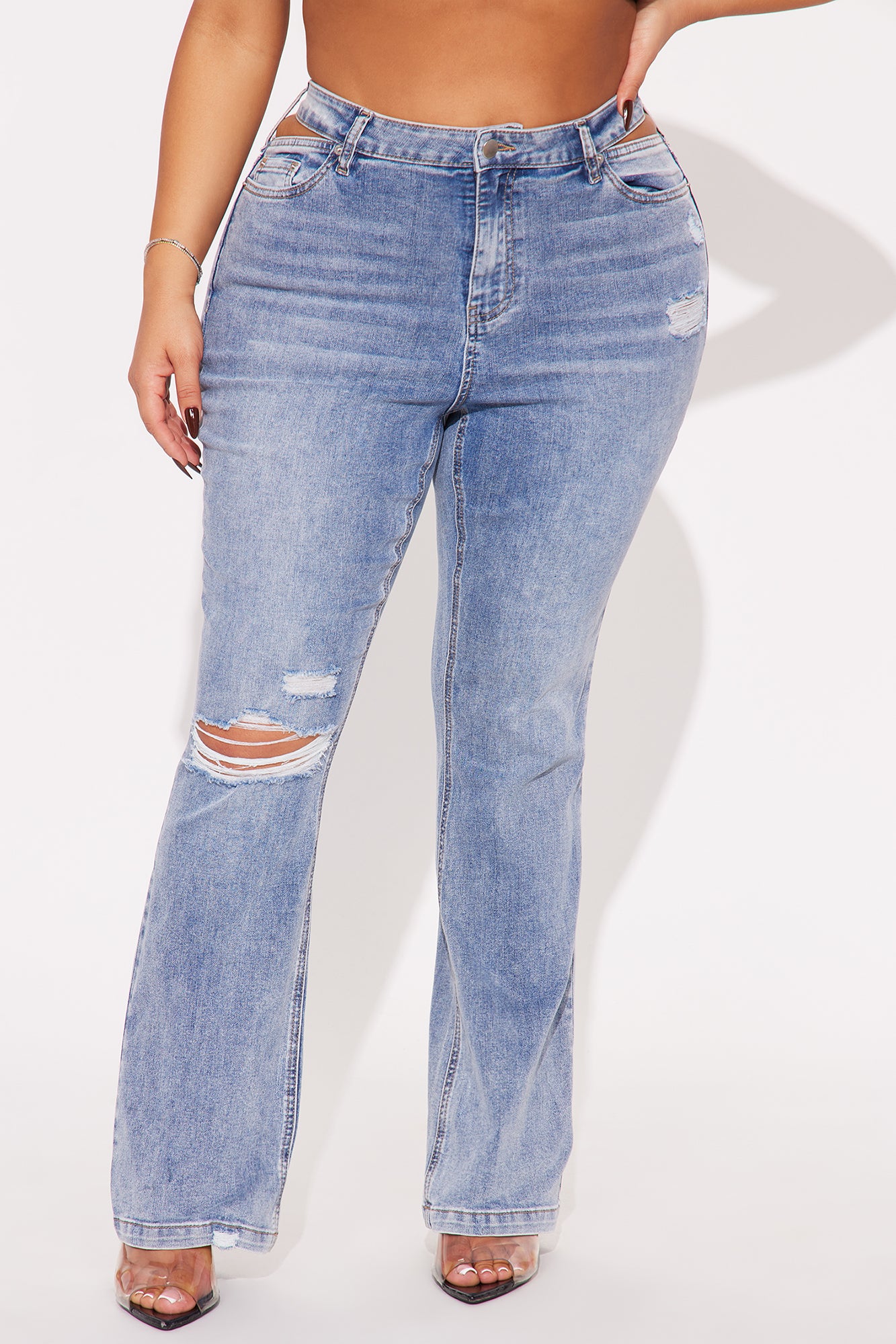 Stretch Cut Out Ripped Bootcut Jeans - Dark Wash - Image 6