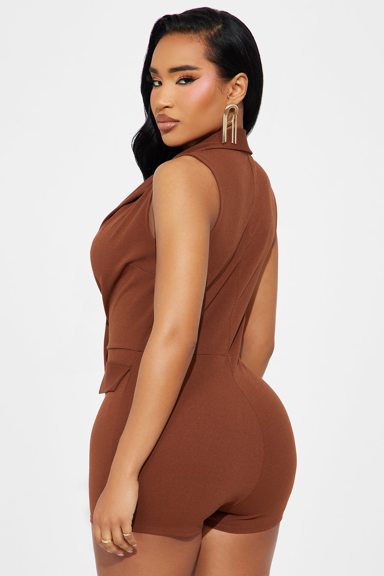 First To The Office Crepe Collar Romper - Brown - Image 3