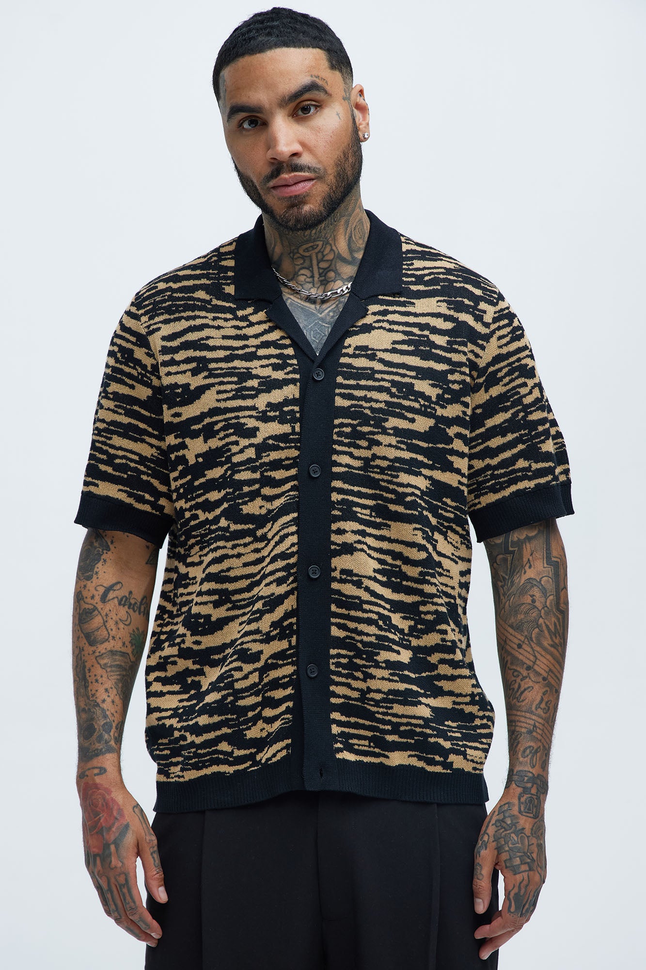 Zebra Pattern Knit Button Down Shirt - Black/combo - Image 3