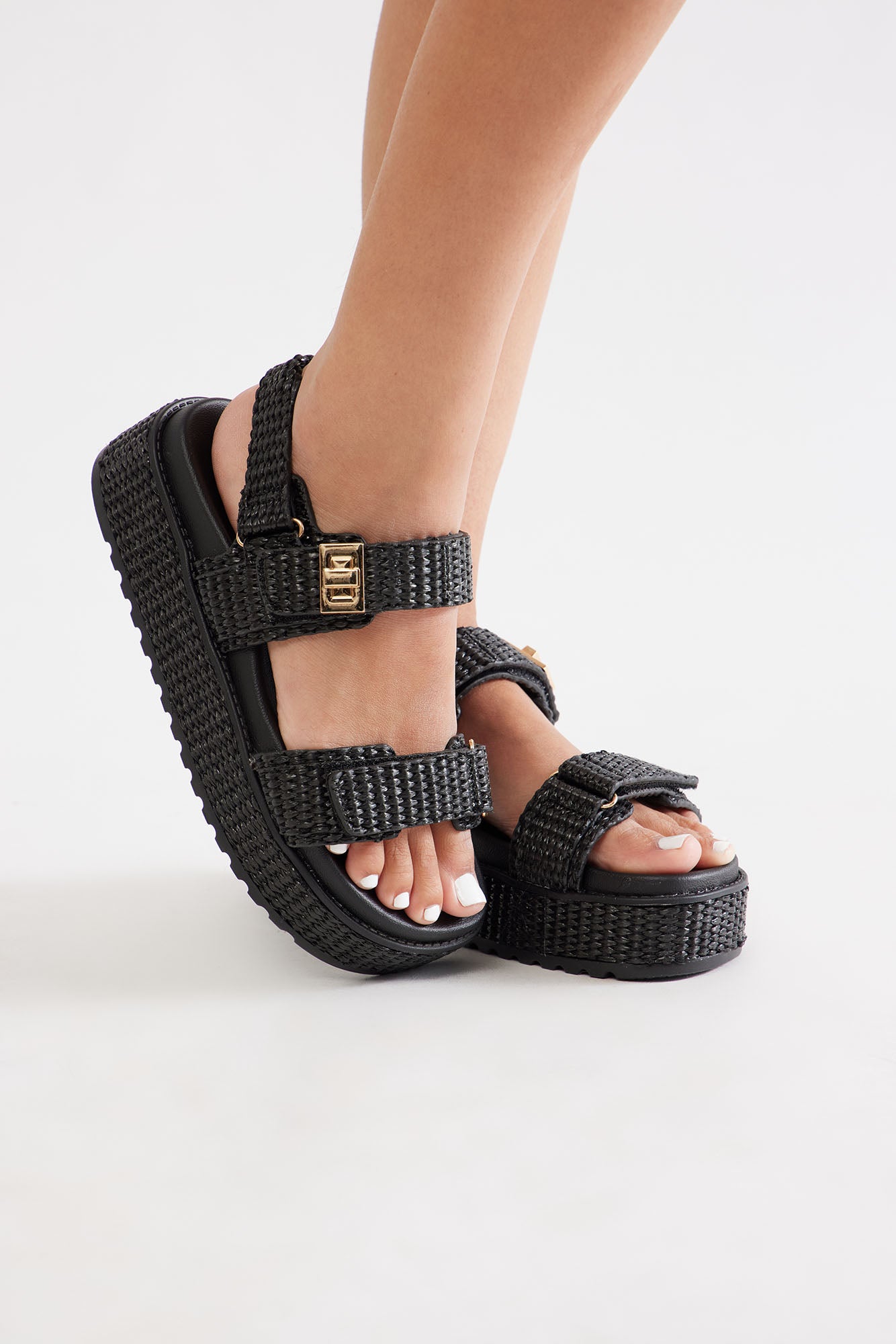 Jackson Raffia Platform Sandals - Black - Image 3