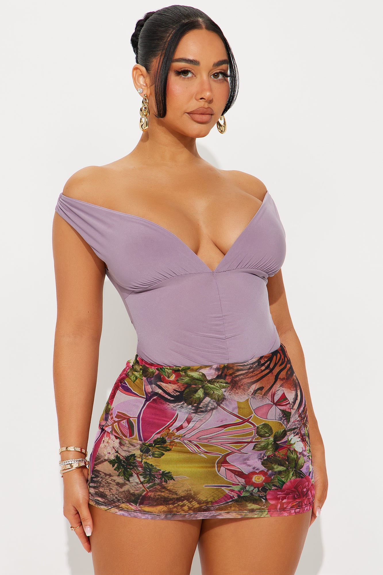 Evalina Off Shoulder V-Neck Ruched Bodysuit - Plum - Image 3