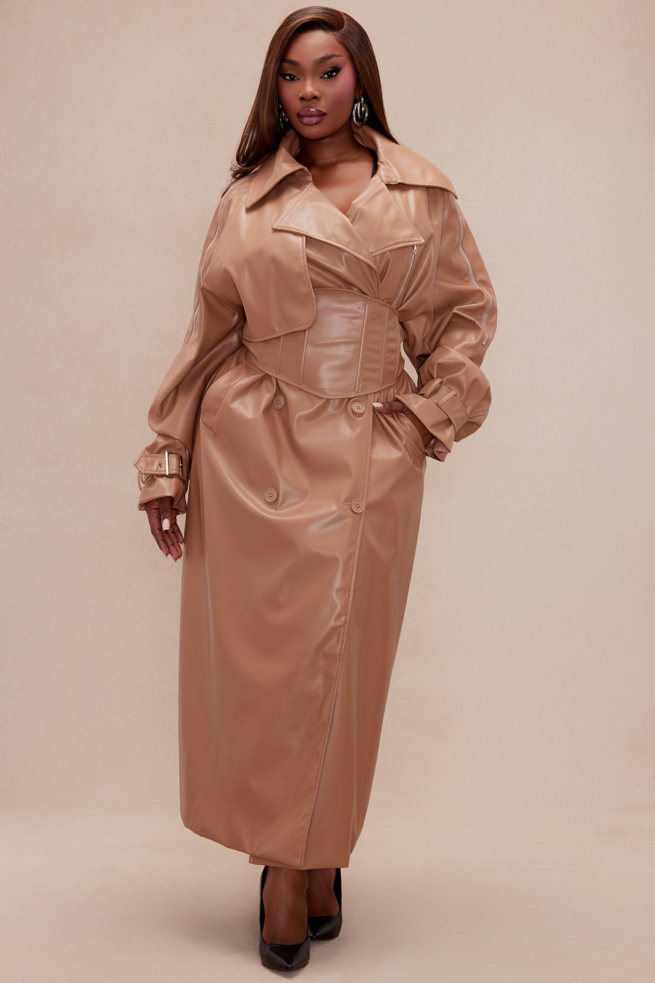 Kendra Faux Leather Trench Coat - Camel - Image 7