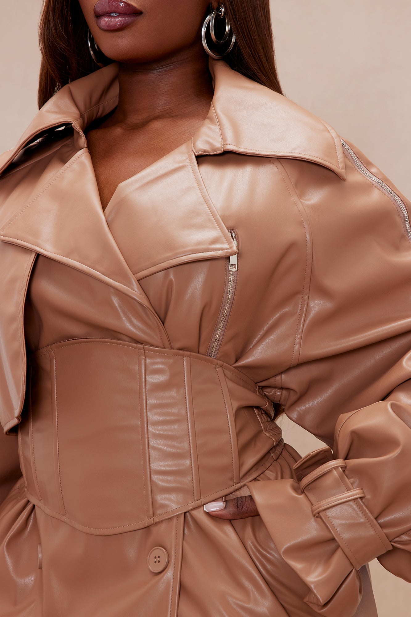 Kendra Faux Leather Trench Coat - Camel - Image 8