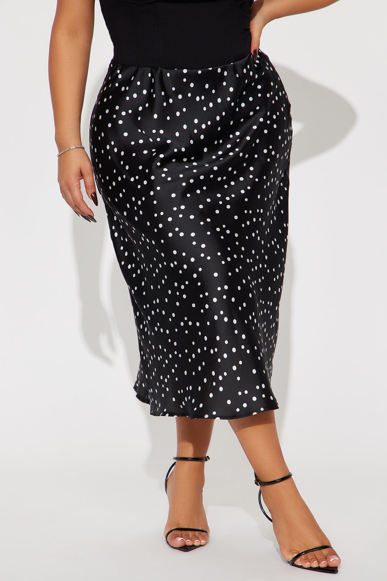 Frenchy Satin Polka Dot Bias Cut Midi Skirt - Black/White - Image 5