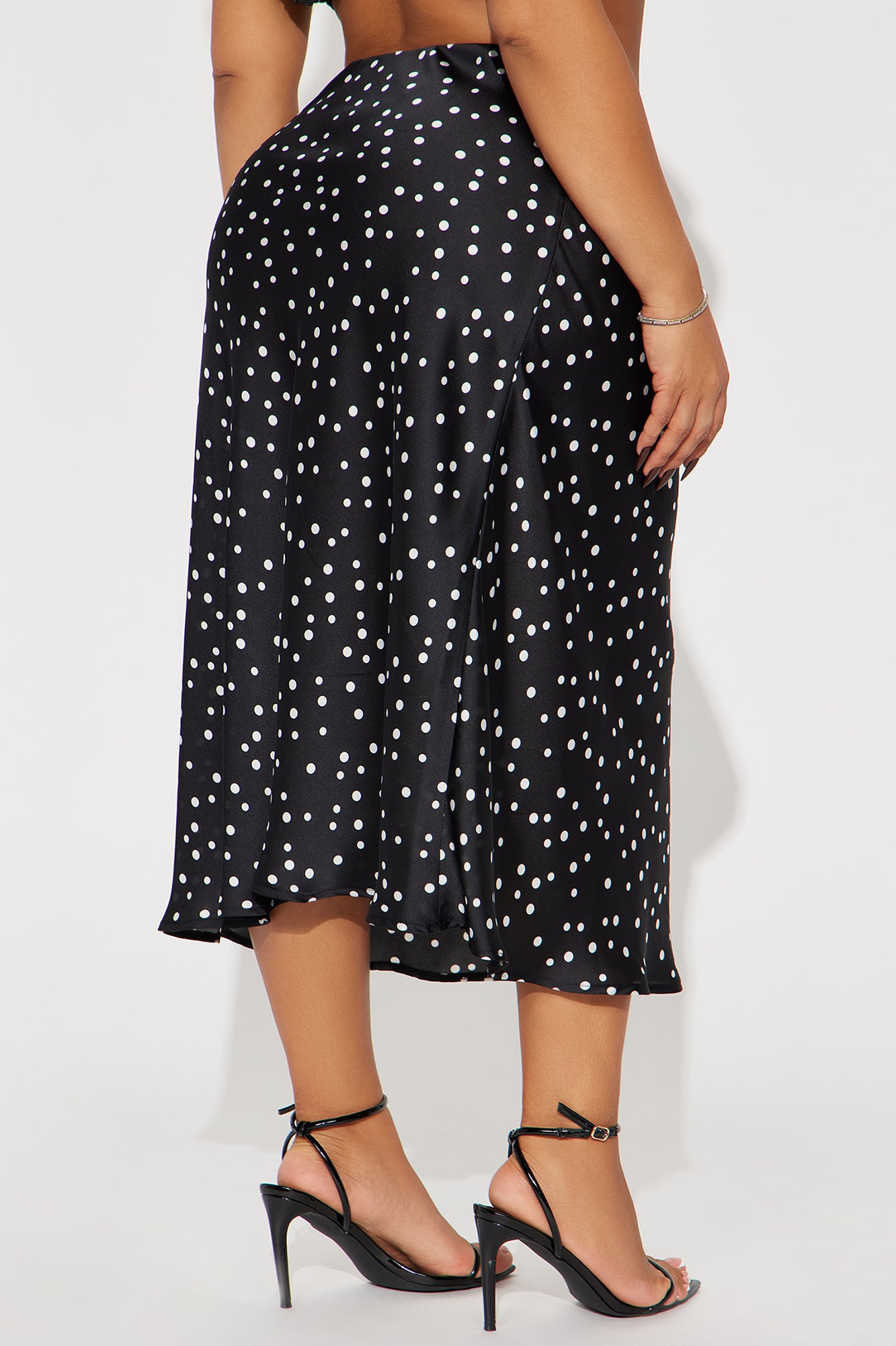 Frenchy Satin Polka Dot Bias Cut Midi Skirt - Black/White - Image 6