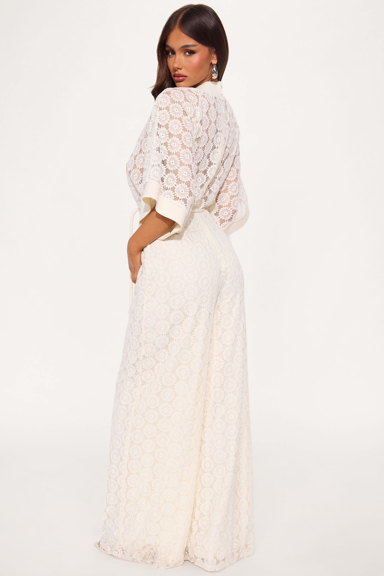 Vienna Crochet Wide Leg Jumpsuit - Cream - Image 3