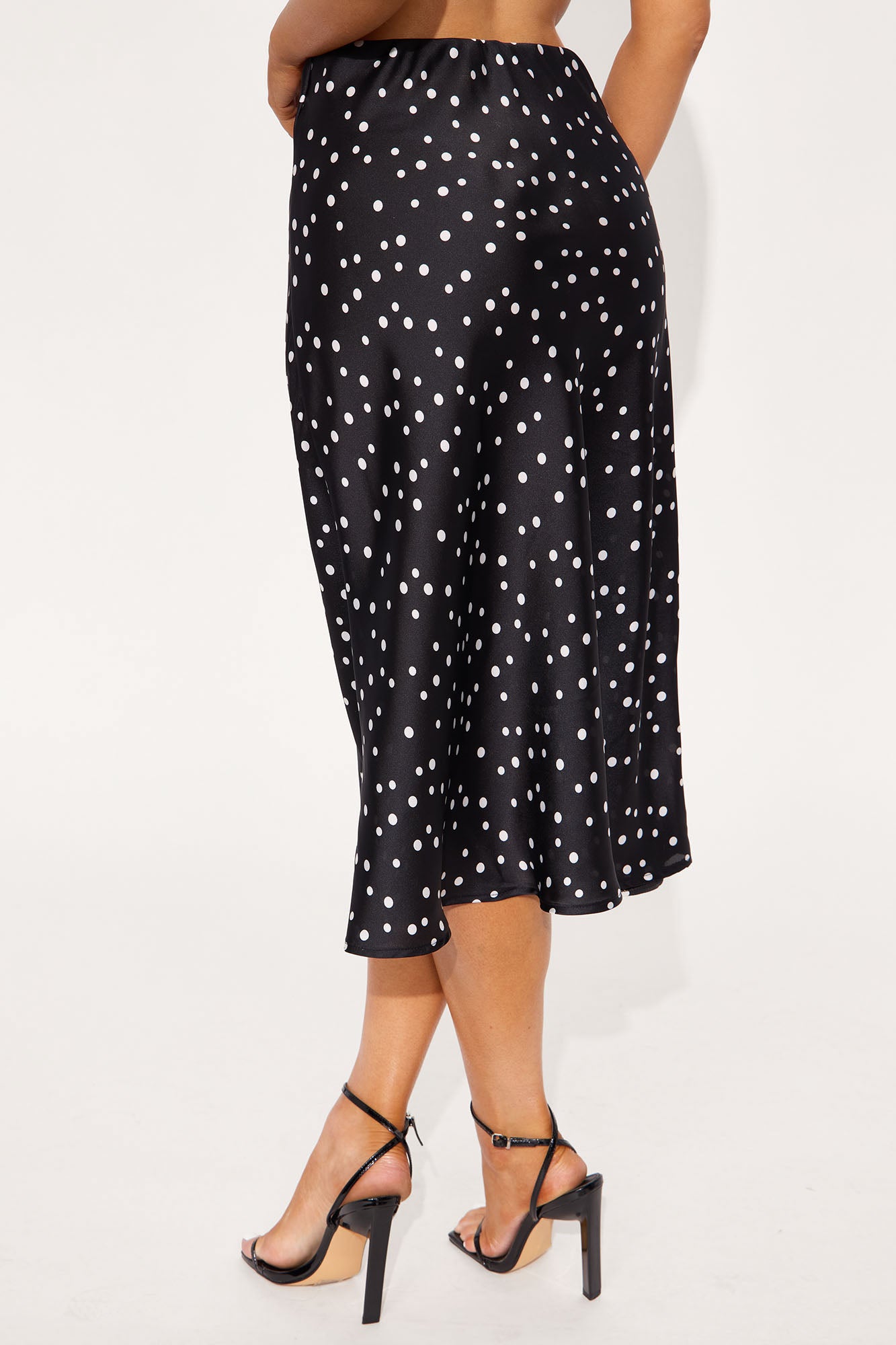 Frenchy Satin Polka Dot Bias Cut Midi Skirt - Black/White - Image 3