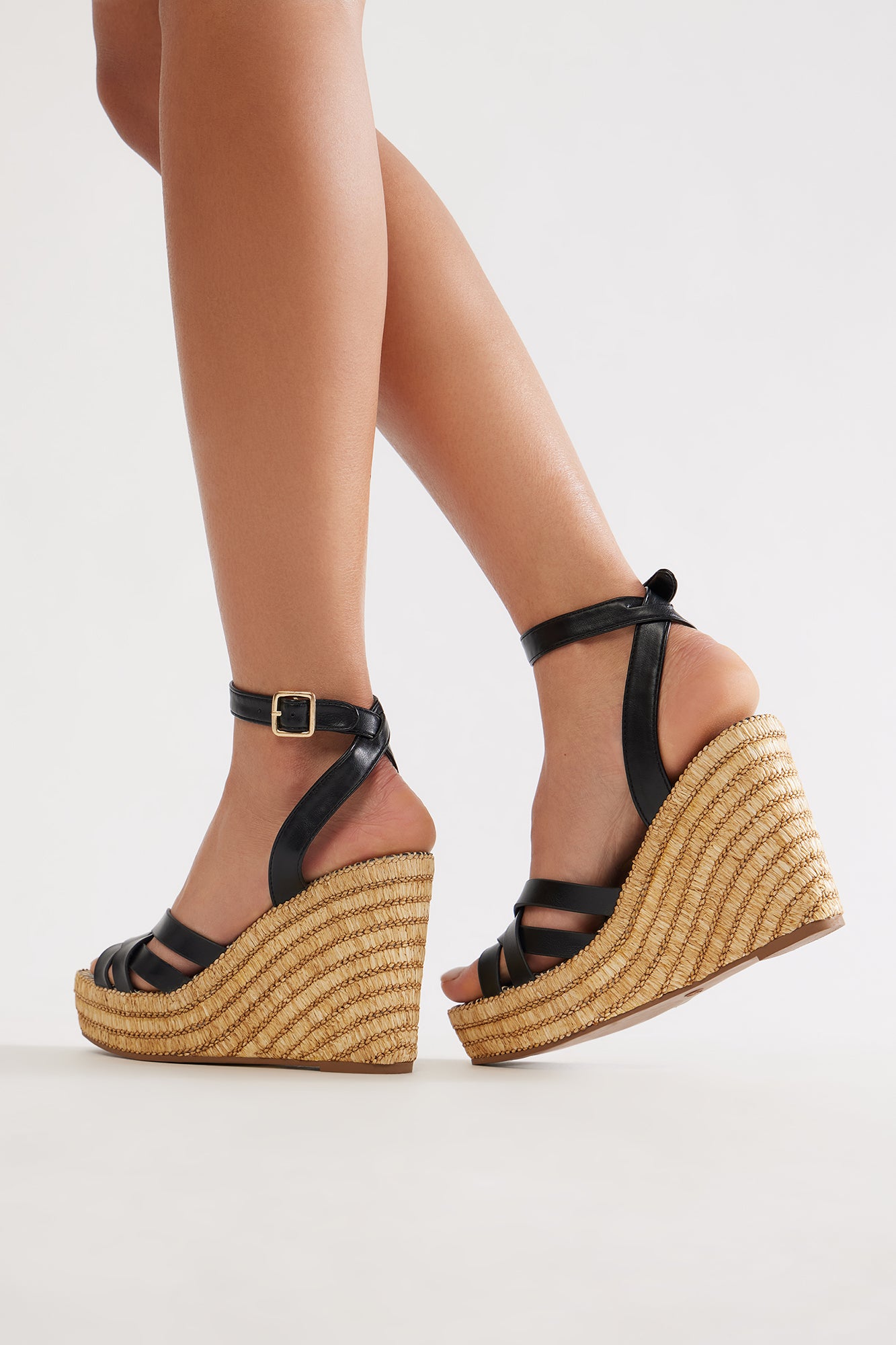 Lottie Raffia Ankle Strap Platform Wedges - Black - Image 5