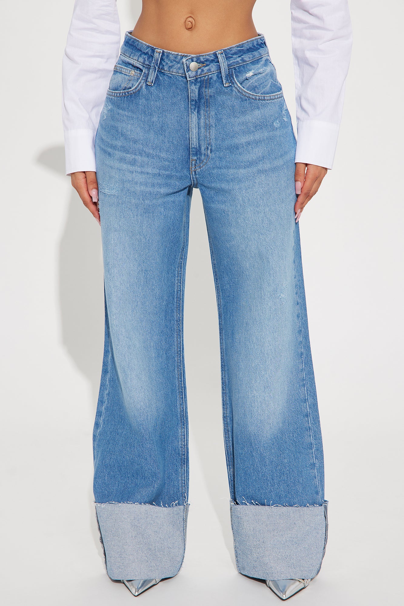 Jeanine Cuffed Wide Leg Jeans - Medium Wash - Image 4
