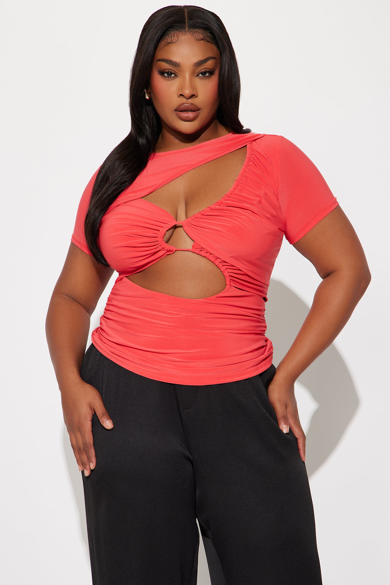 Trouble Maker Short Sleeve Cut Out Top - Coral - Image 4
